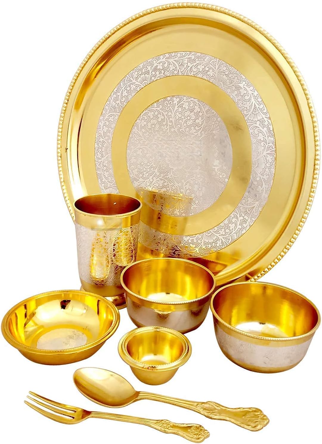 PARIJAT HANDICRAFT Indian dinnerware hammered brass traditional dinner set of thali plate, bowls, glass and spoon beautifully handcrafted tableware for gift (Dinnerware-Set01)