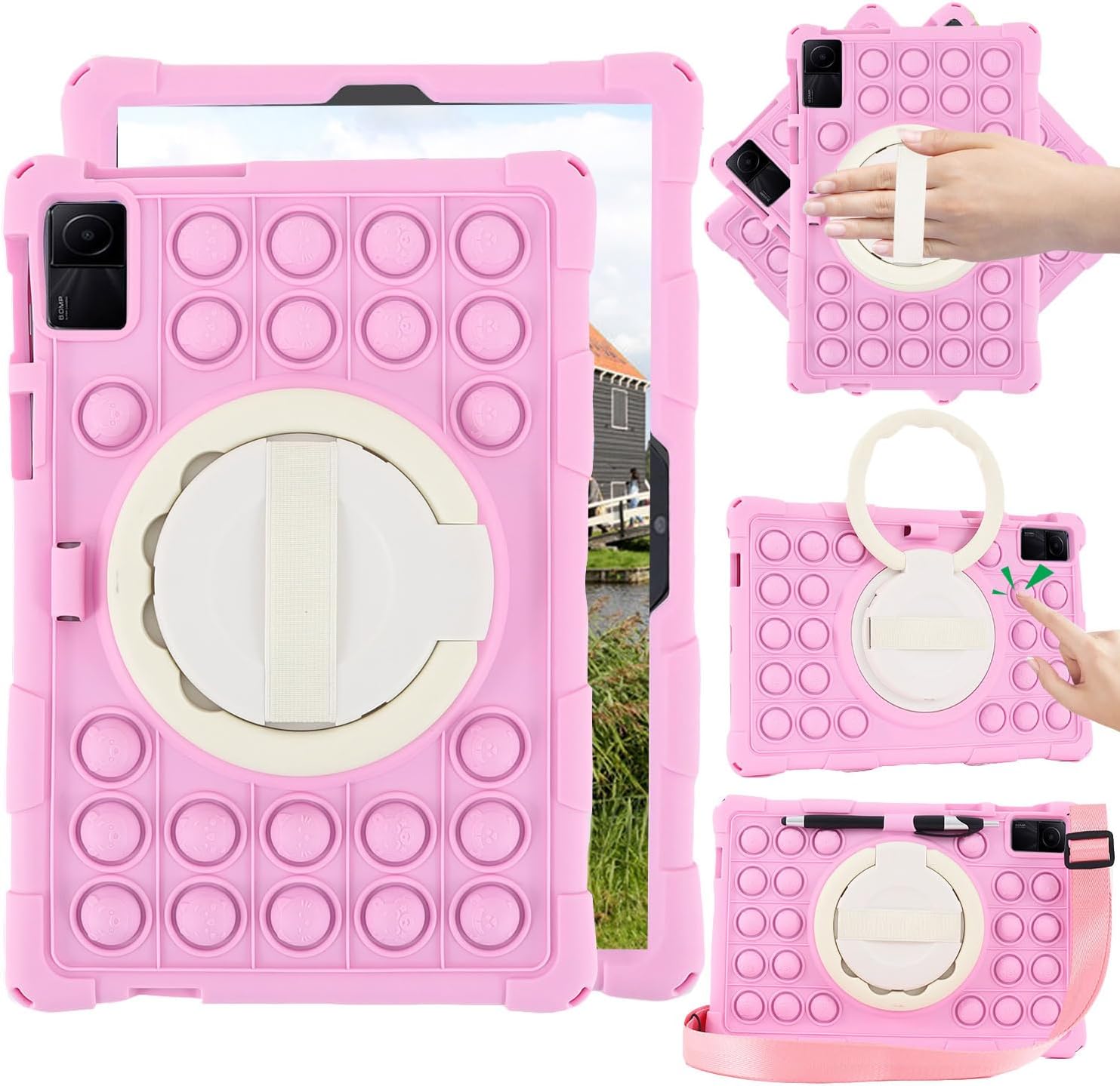 Sfulatdc Silicone Case with 360 Rotating Kickstand Handle/Shoulder Strap Tablet Cute Cover Compatible with Nokia T20,Lenovo Tab M10 Plus (3rd Gen) 10.6 inch Rose