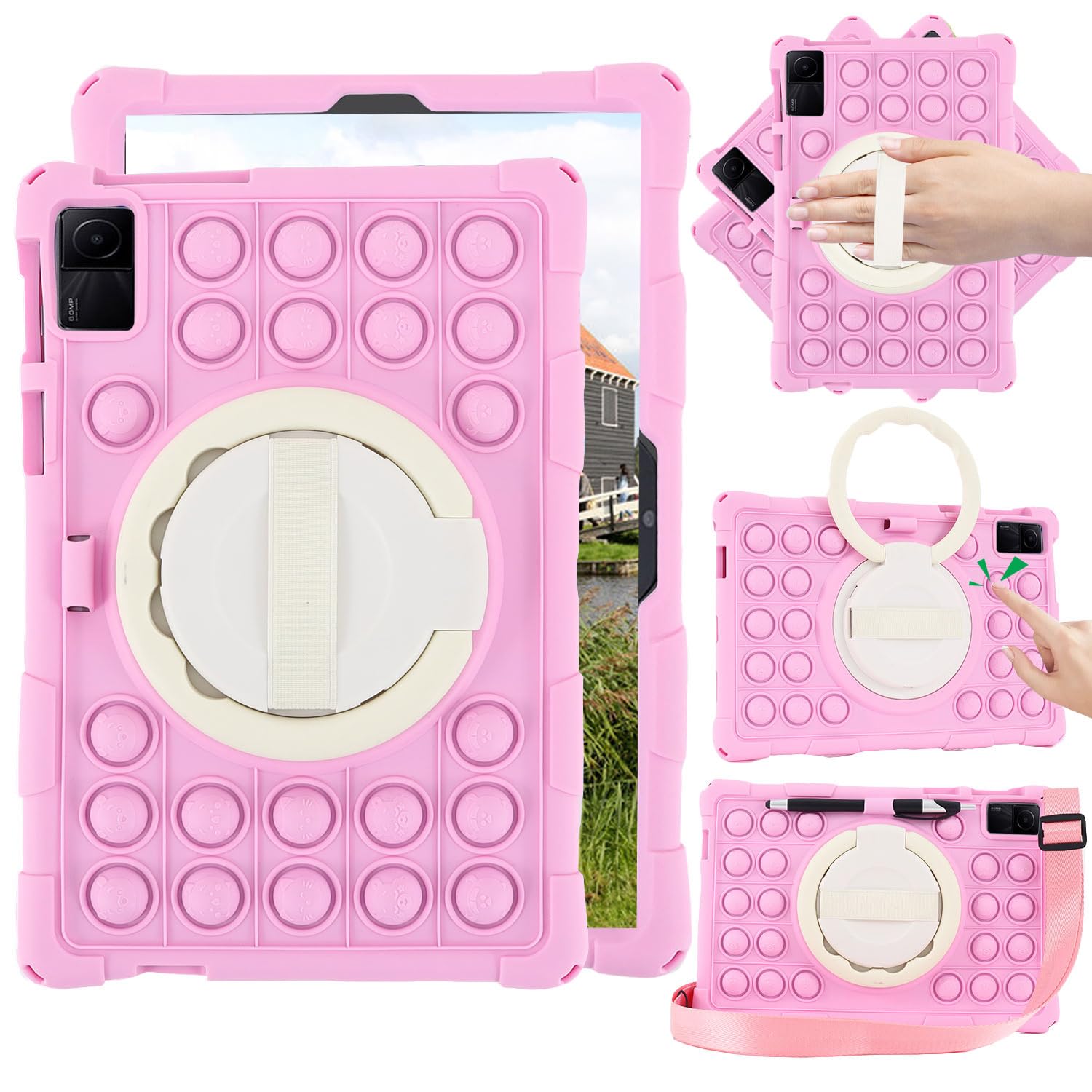 Sfulatdc Silicone Case with 360 Rotating Kickstand Handle/Shoulder Strap Tablet Cute Cover Compatible with Nokia T20,Lenovo Tab M10 Plus (3rd Gen) 10.6 inch Rose