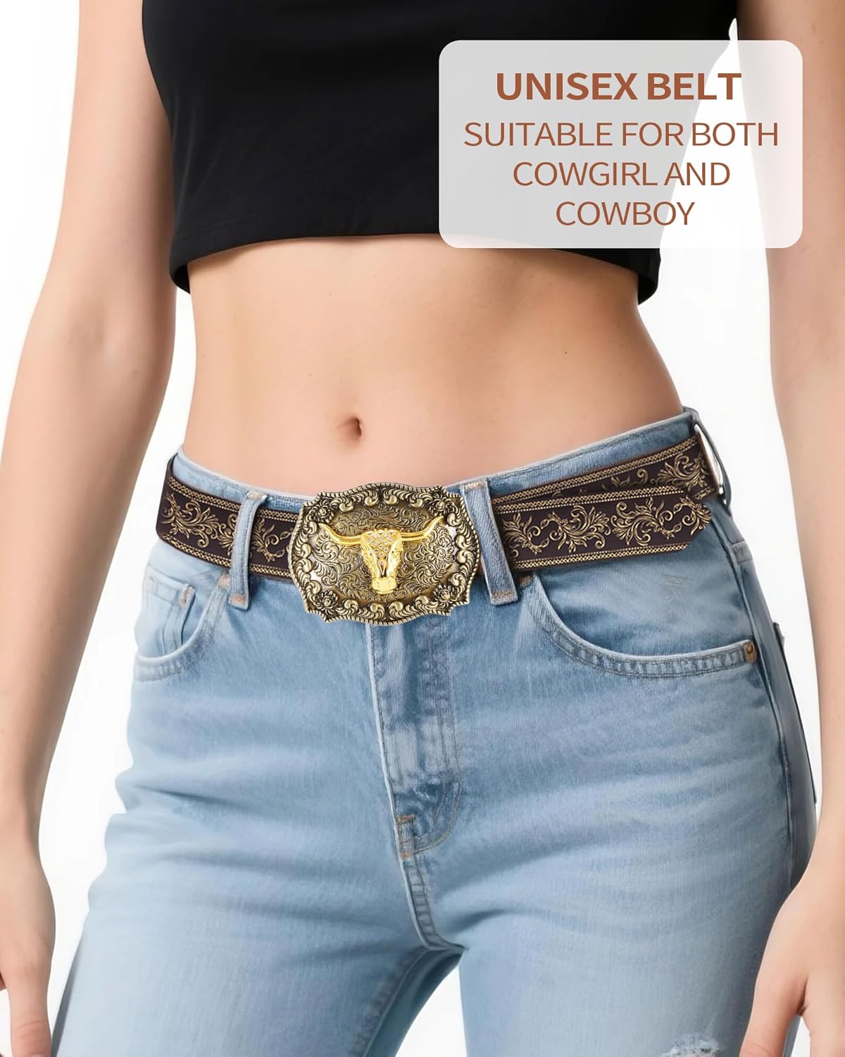 Western Cowboy Belts for Men Women,Western Belt with Bull Buckle, Country Longhorn Bull PU Leather Belt for Jeans - Image 5