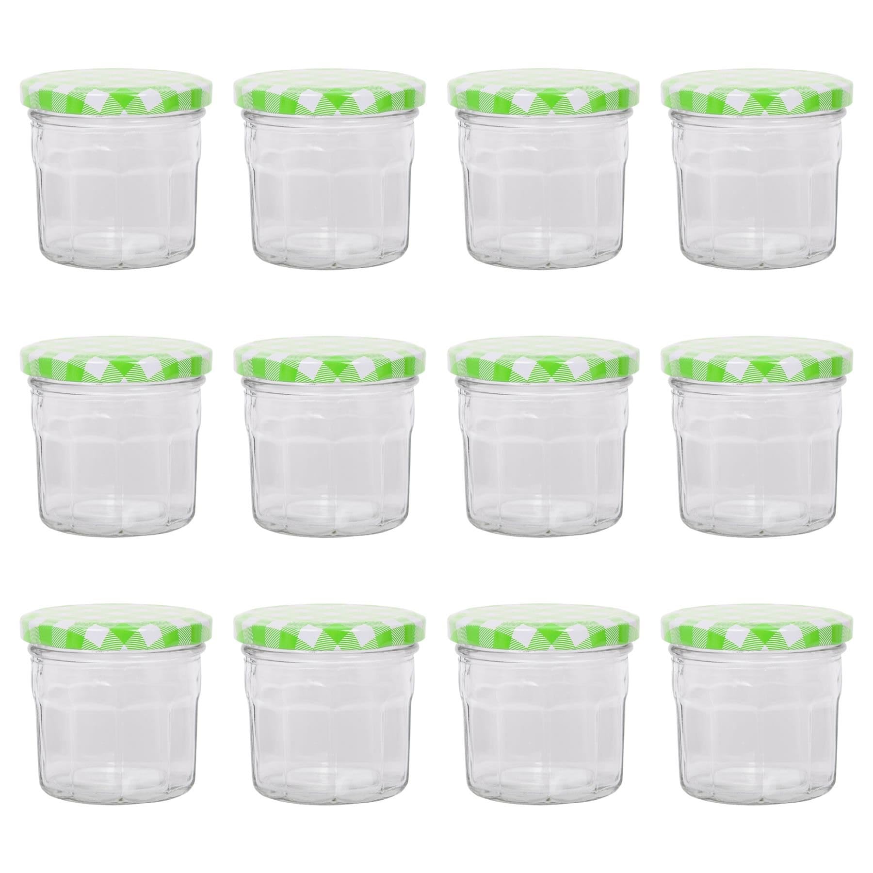 Argon Tableware 12x 130ml Glass Jam Jars with Green Gingham Lids - Empty Screw Top Kitchen Food Honey Spice Preserving Canning Storage Jar Set