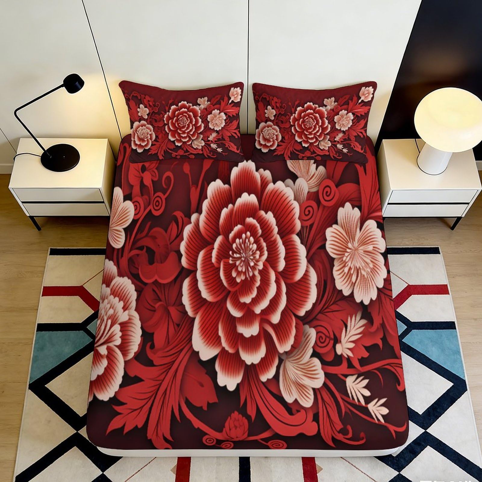 3D Printed Red Peony Floral Fitted Sheet Microfiber Soft Breathable Chinese Blossom Mattress Cover for Bedroom Guest Room Decor 120x200x25cm