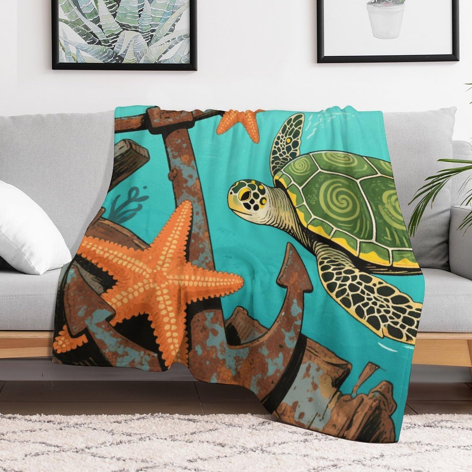 Custom Vintage Ocean Turtle Starfish Blanket Lightweight Flannel Fleece Throw for Couch Sofa Bed Luxury Soft Cozy Plush Lap Bedtime Blanket for All Seasons Bedroom Home Decor Gifts 40x50