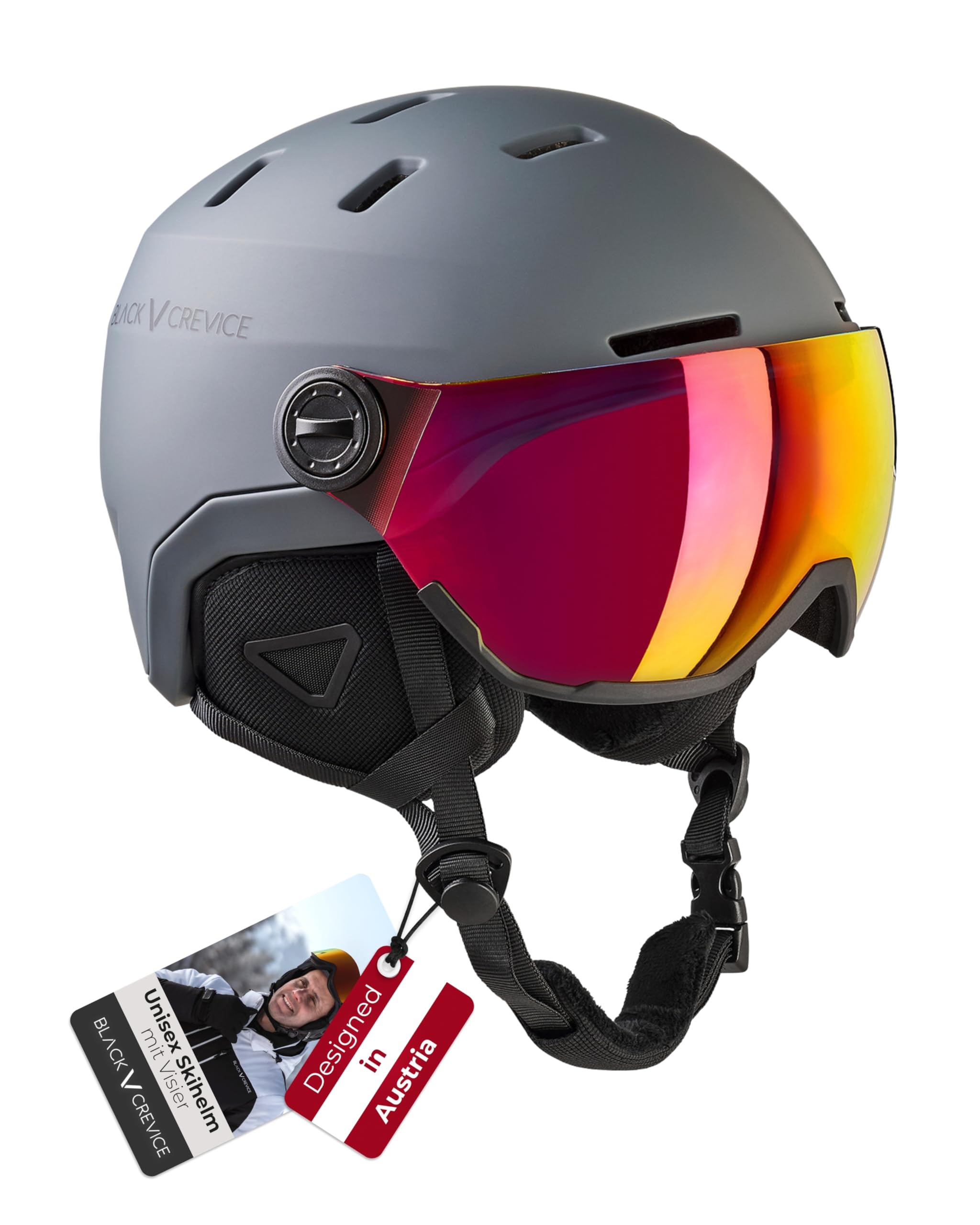 BLACK CREVICE Skihelm Wengen I Skihelm mit Visier aus Polycarbonat I Skihelm Herren & Damen I Leichte Double-Inmould-Technologie I Atmungsaktiver Ski-Helm I Größenverstellbar