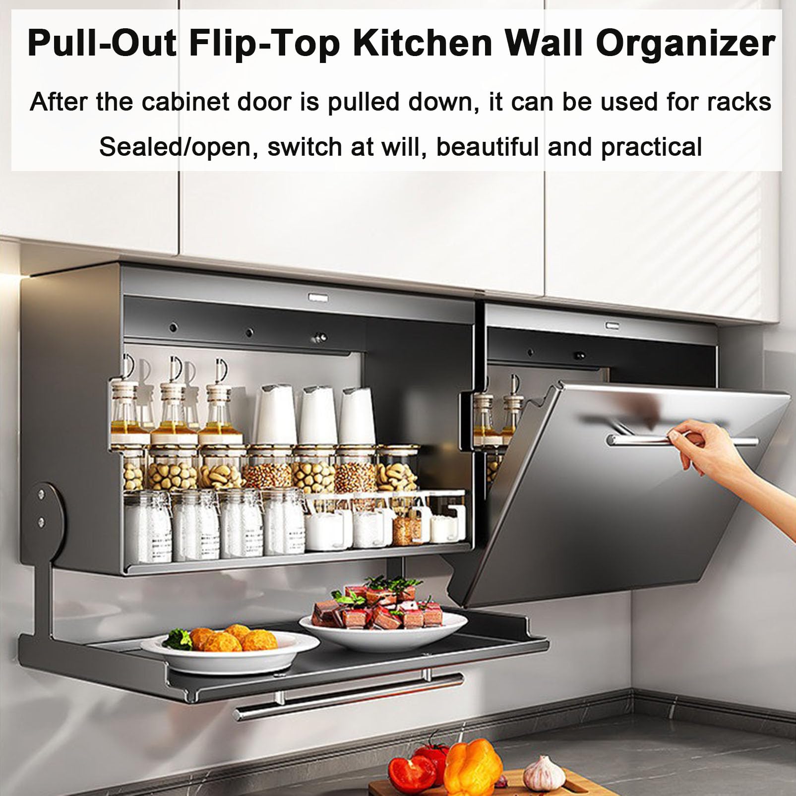Armoire de Cuisine Murale avec Porte Rabattable, Organisateur de Garde-Manger Peu encombrant pour épices/Assiettes/Tasses, Buffet Multifonctionnel