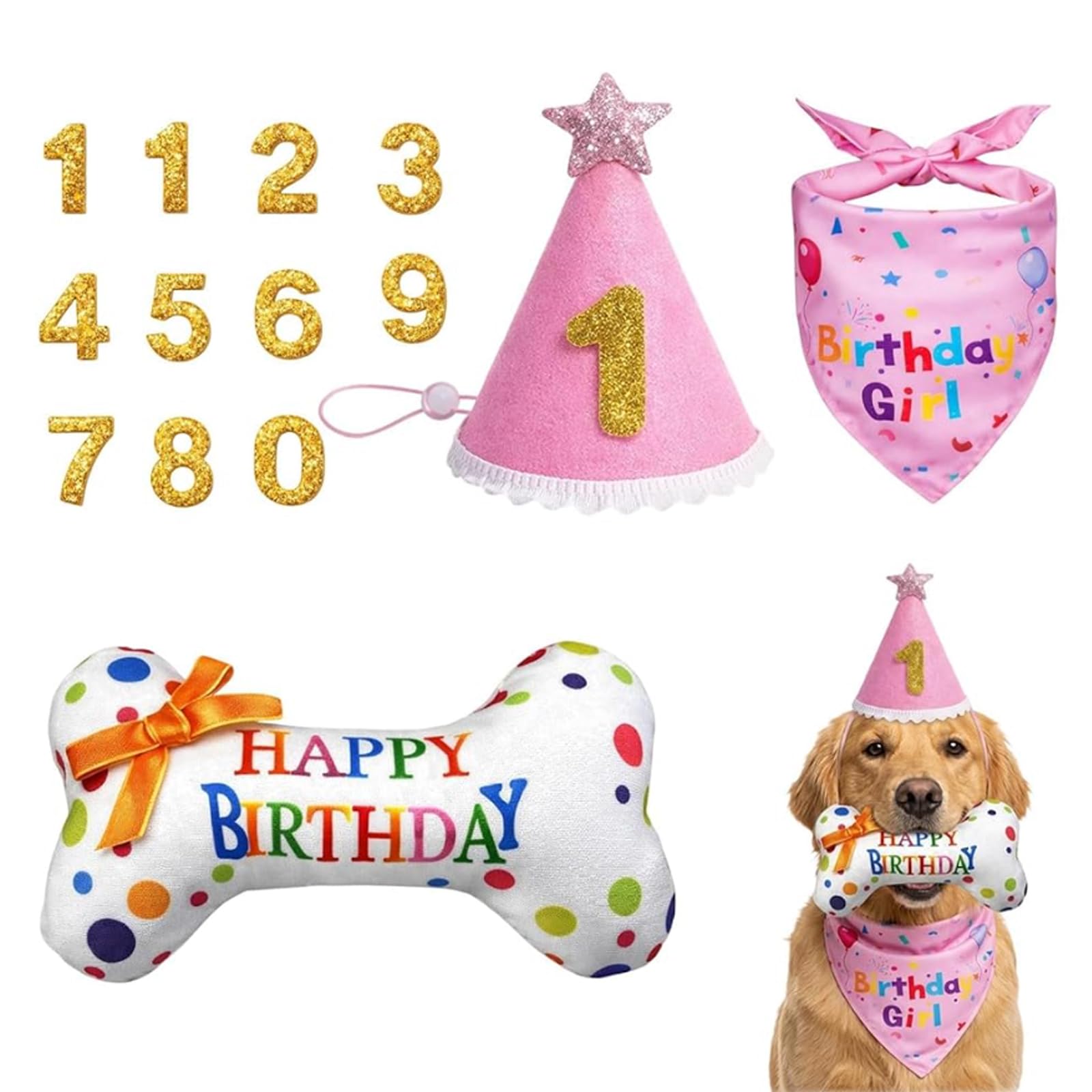 Dog Birthday Hat Set, Celebratory Accessories for Dog Birthday Parties, Dogs First Birthday, Adjustable Dog Birthday Outfit for Photo Sessions, Pink Dog Birthday Gift Set (Large Size)