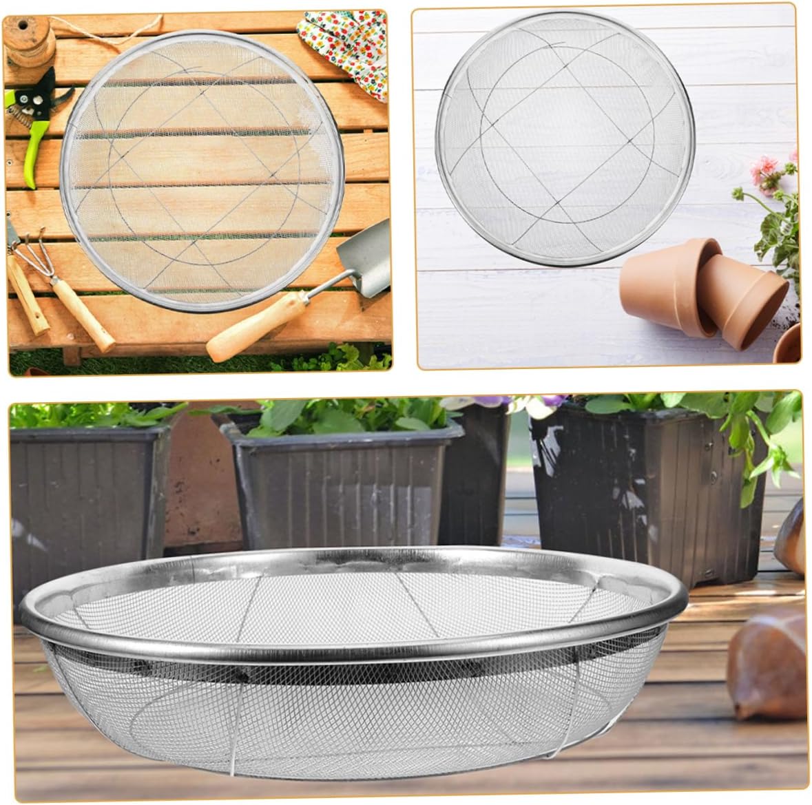 Stainless Steel Soil Sifter Tool for Gardening Circular Sifting Pan Fine Mesh for Rocks Sand Soil Multi-Use Garden Supplies for Vegetable Fruit Planting