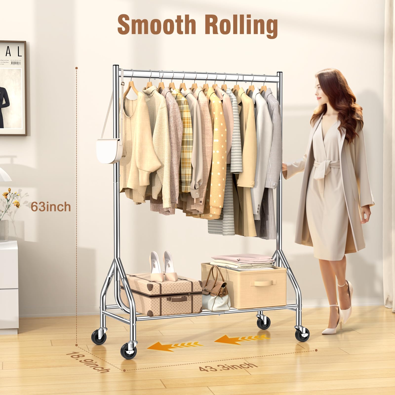 EAGMAK Tringle à vêtements robuste, capacité de charge 190 kg, tringle à vêtements mobile avec roulettes verrouillables, tringle à vêtements en métal debout avec étagères, garde-robe portable et