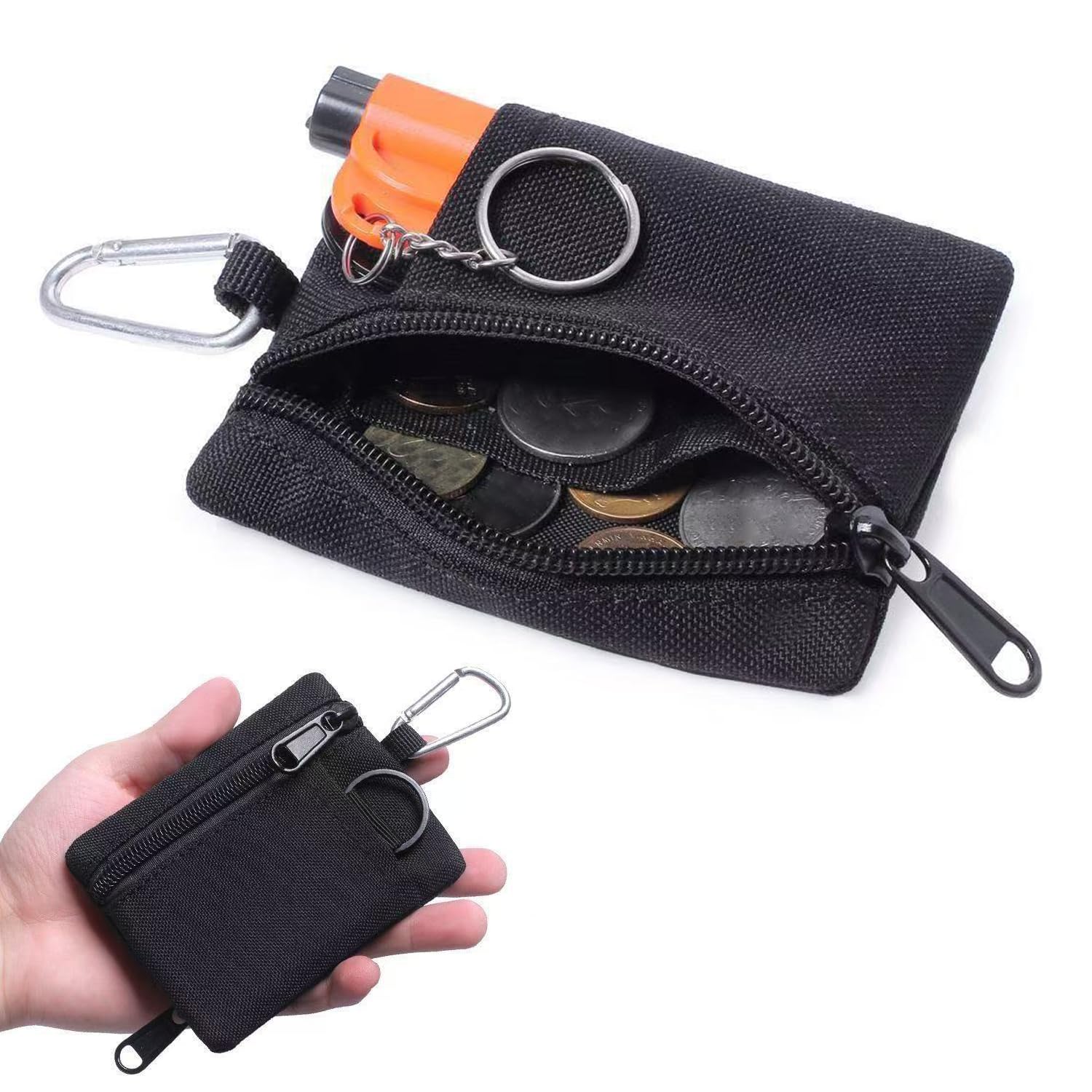 Norhogo 1pcs Black Mini EDC Pouch Bags, Small Zipper Tool Bag Small Zip Pouch, Money Bag with Keyring and Carabiner for Outdoor