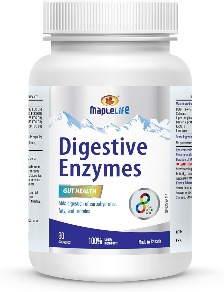 MapleLife Nutrition® Digestive Enzymes for Gut Health with Amylase, Cellulase, Lactase, Bromelain, Papain & More – Supports Nutrient Absorption – 90 Capsules, Made in Canada