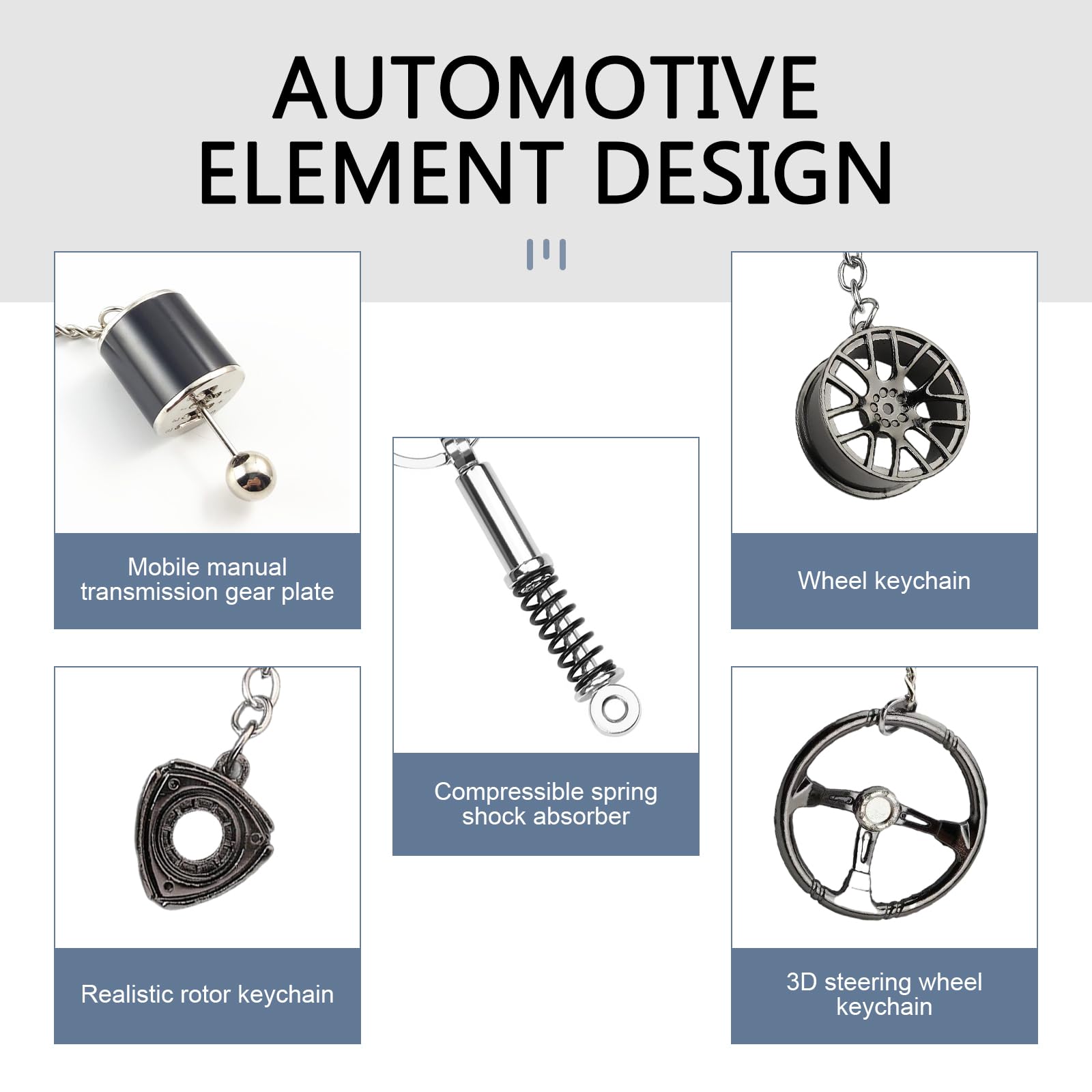 WZP 5PCS Car Keychains, Metal Car Parts Model Key Chain Kit, Steering Wheel, Tire Rim, Spring, Manual Transmission, Rotor Engine Keychain, Para Carros for Auto Lover Christmas Graduation Guy Gifts