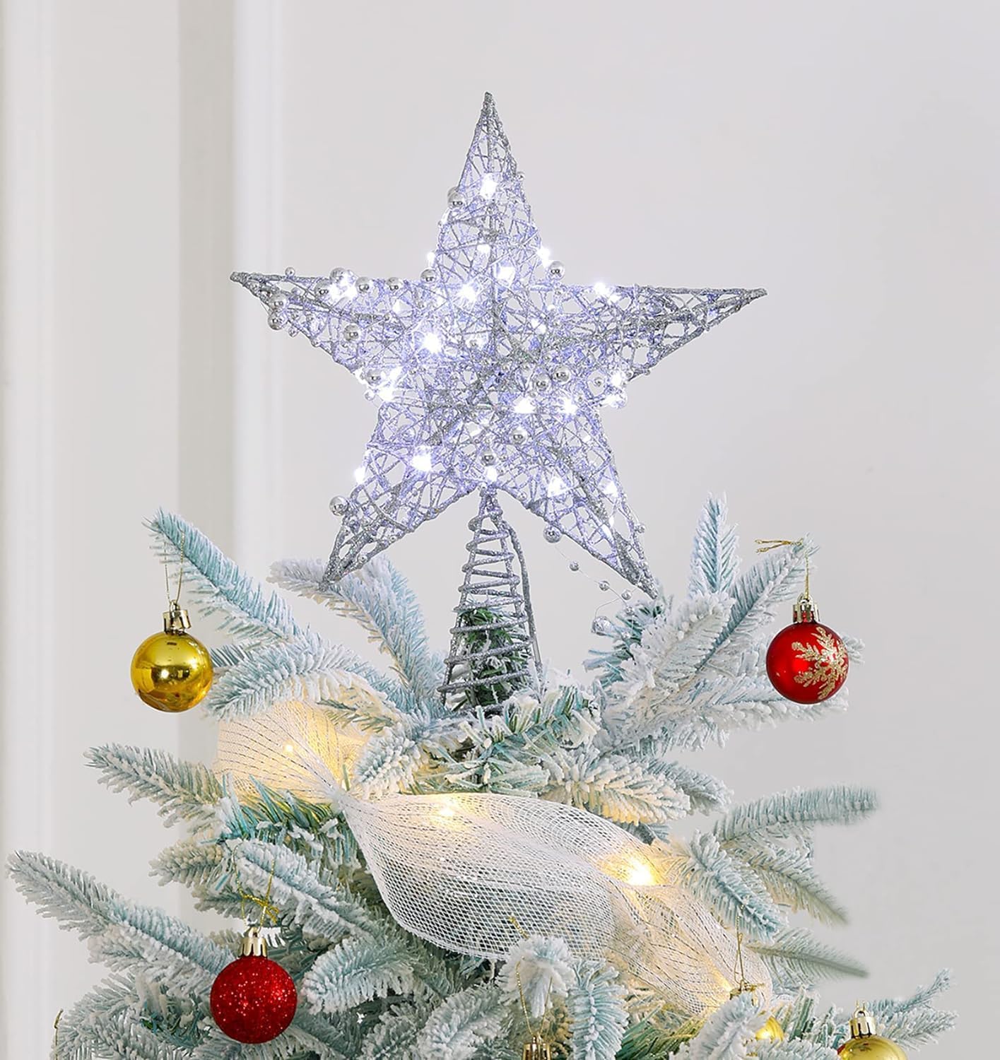 Christmas Tree Star Topper with LED Light,Xmas Tree Glittered Tree-Top Decoration Ornament,Battery Powered Christmas Tree Hanging Decor for Xmas New Year Holiday Party Home Office Decor-Silver