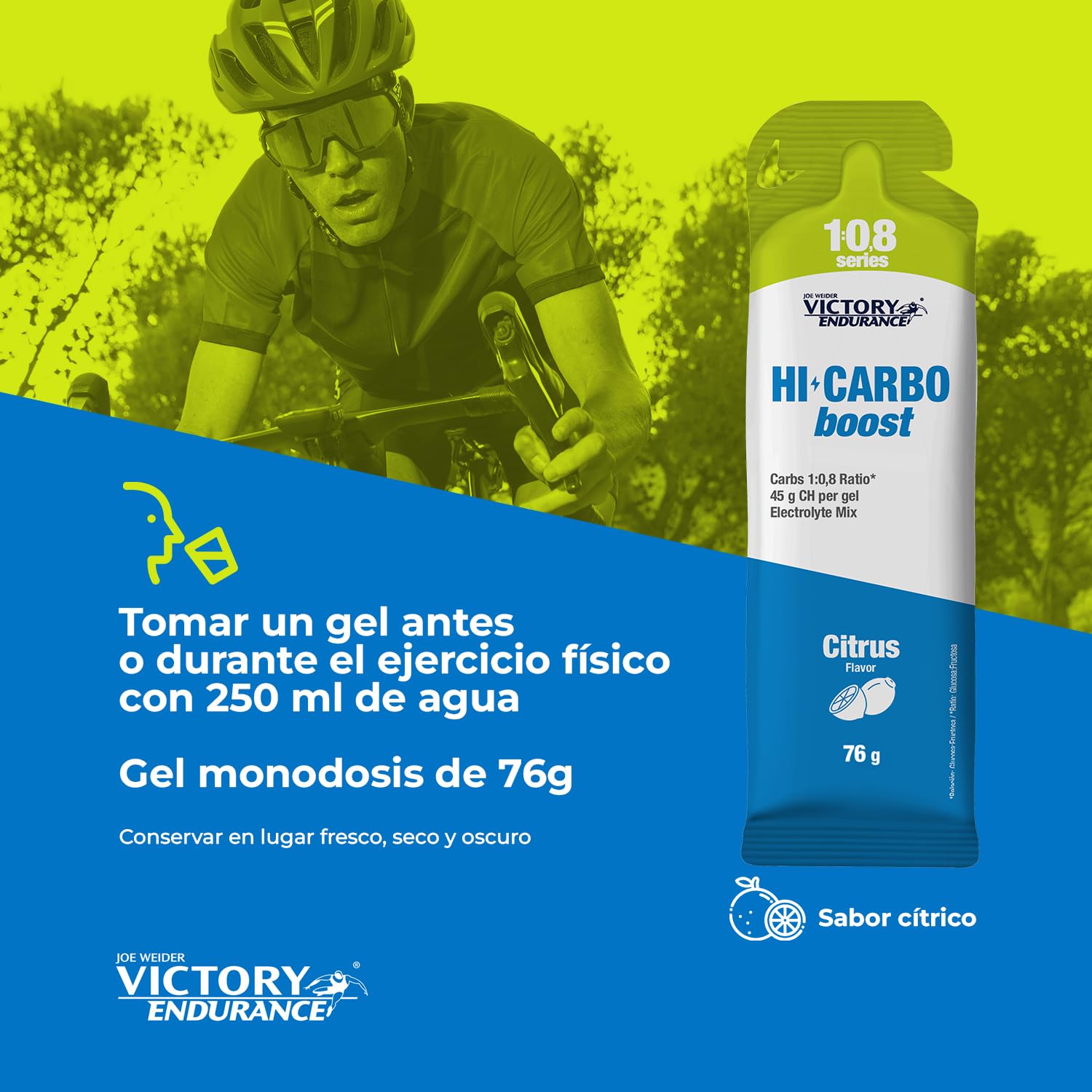 Victory Endurance HI Carbo Boost Gel 1:0,8 Series (12x76g) Sabor Cítricos Sin Cafeína, Alto en Carbohidratos con 45g/gel, 200mg sodio/gel, Energía inmediata, Aumenta Rendimiento, Disminuye Fatiga
