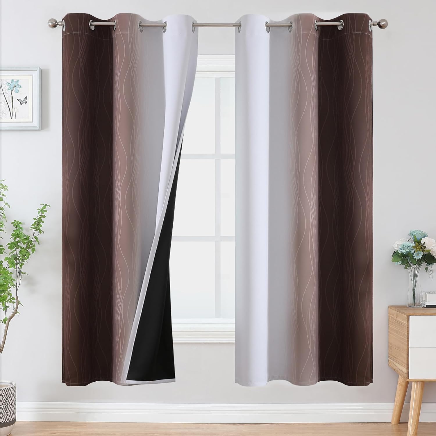 Estelar Textiler Brown and Greyish White Blackout Curtains for Living Room, Full Room Darkening Grommet Ombre Curtains for Bedroom, Thermal Insulated Light Blocking Gradient Drapes, 42Wx72L, 2 Panels