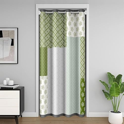 Cortina de puerta bohemia gris y verde para puerta, privacidad de 42 x 80 pulgadas, patrón floral, cortina para puerta de armario, cortina para