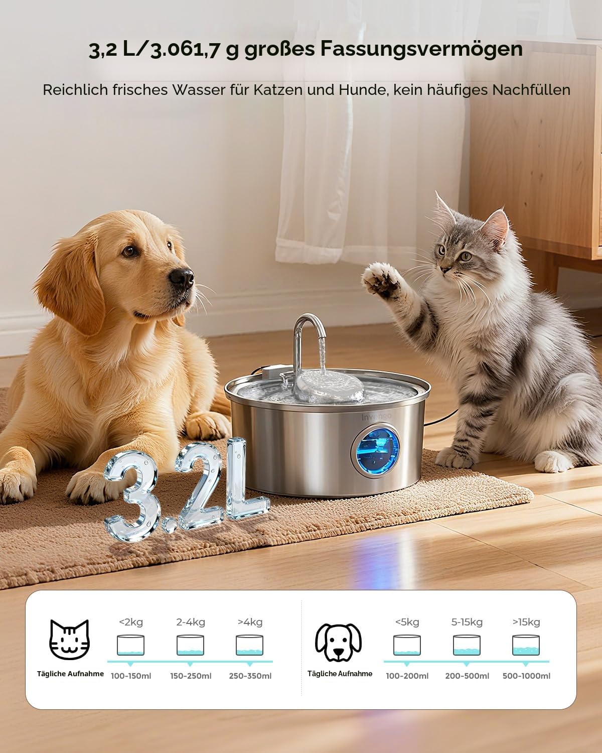 Invengo Katzenbrunnen Edelstahl, 3.2L Ultra-Leiser Trinkbrunnen für Katze mit Wasserstandsanzeige und 5-Fach Filtersystem - Haustierbrunnen für Katzen und Kleine Hunde, Inklusive 4 Ersatzfiltern