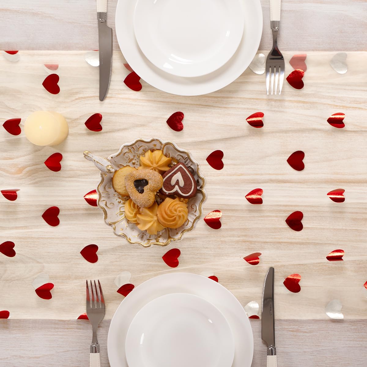 Valentine's Day Beige Gold Heart Sequin Table Runner Sheer Gauze Chiffon Cheesecloth 2 Piece Glitter Metallic Foil Table Runners 10FT for Weddings, Birthdays Party, Christmas & Every Glam Event