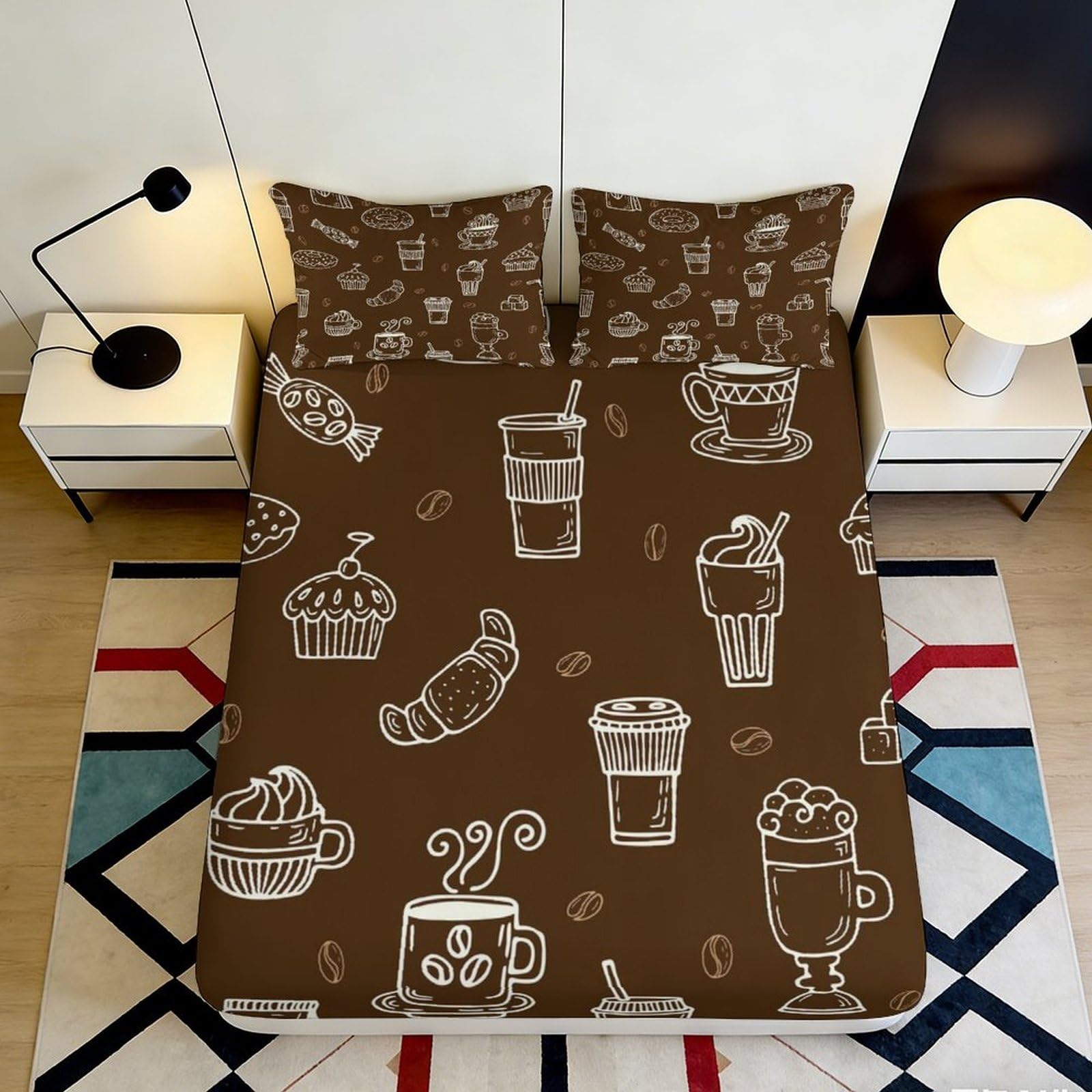 3D Printed Coffee Dessert Fitted Sheet Microfiber Deep Pocket Bedroom Bedding Coffee Pattern Mattress Fitted Cover Adult 200x200x25cm