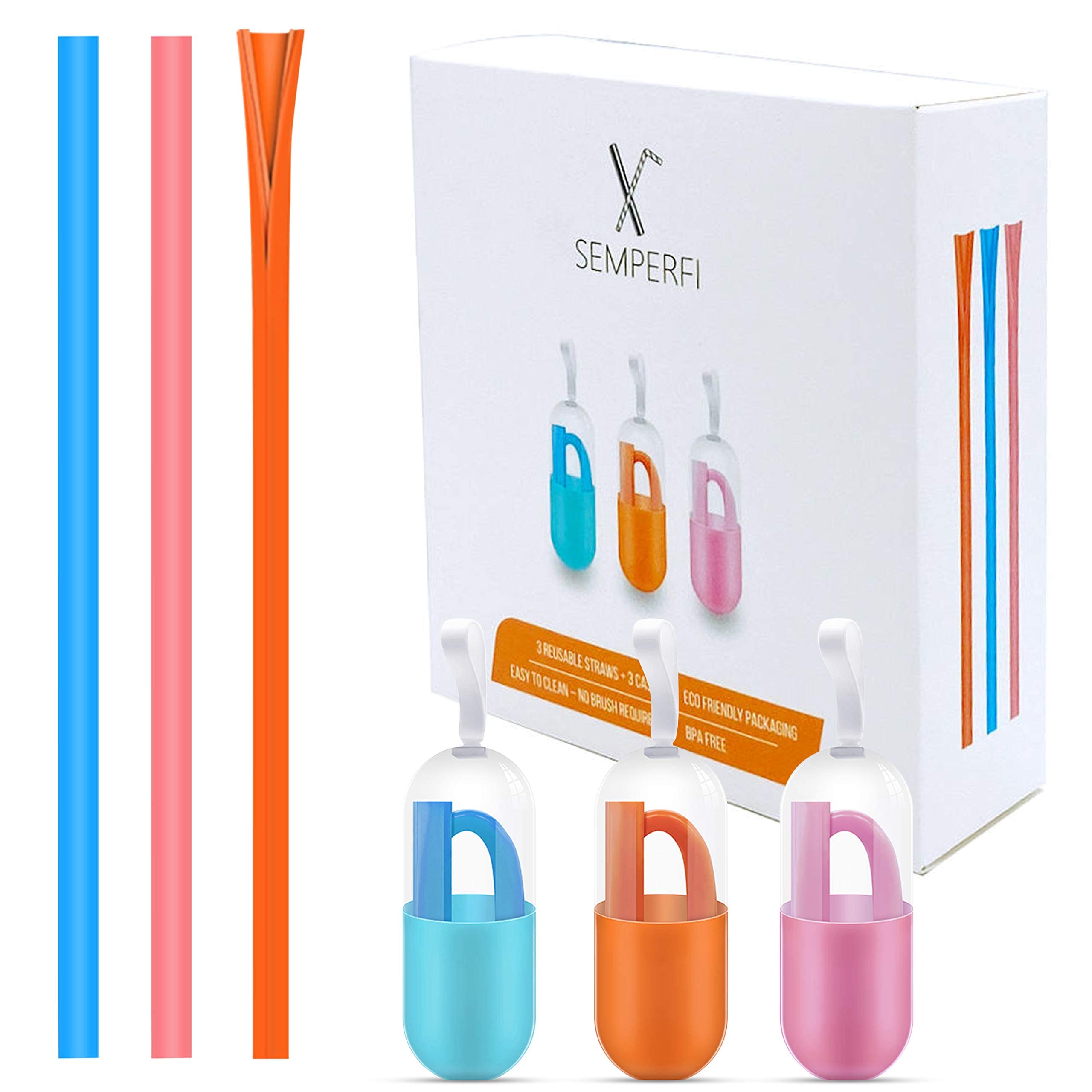 Semperfi Reusable Silicone Straw Set of 3 Drinking Straws No Cleaner Brush Needed Soft Straight with Colourful Keychain Case Portable Biodegradable Packaging Kitchen Tools & Gadgets