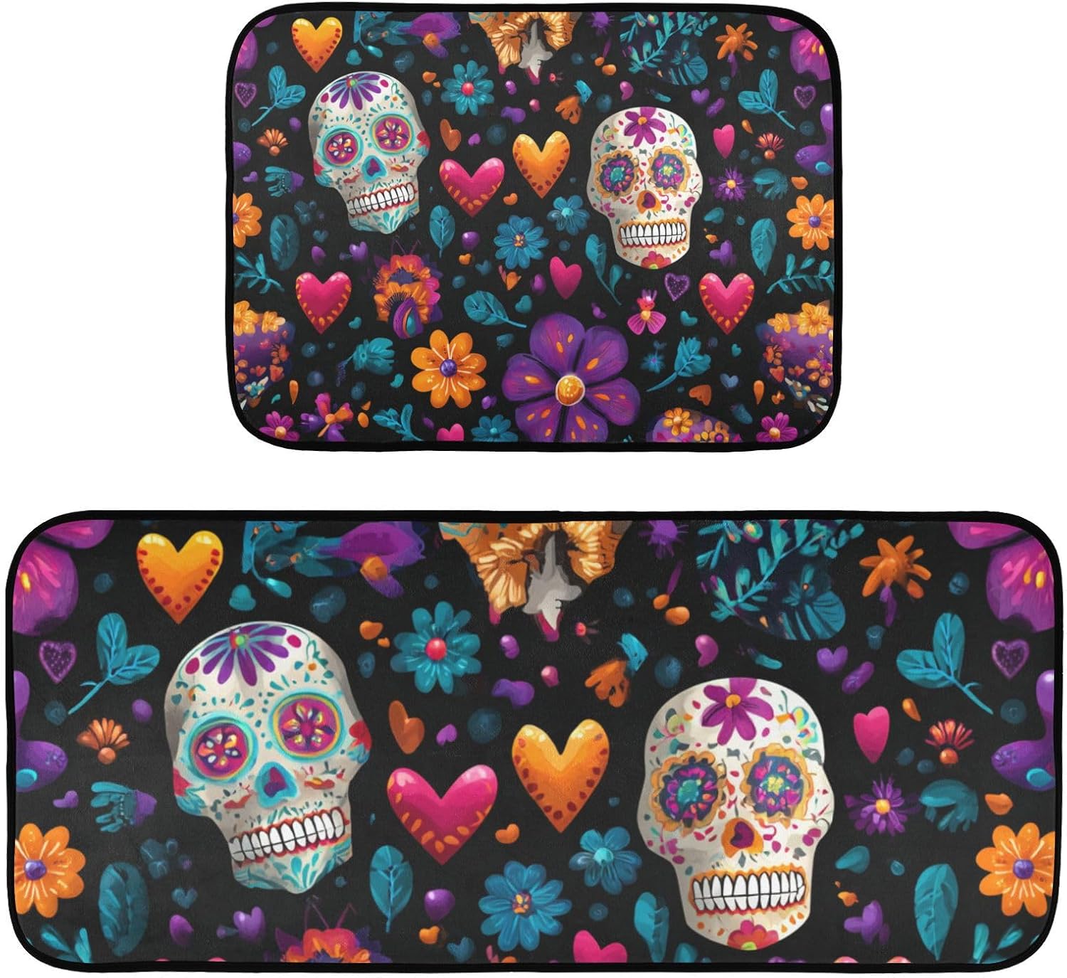 linqin Dead Sugar Skull Kitchen Mat Set of 2 Anti Fatigue Mat, Non Slip Cushioned Mat Runner Rug Doormat for Kitchen, Sink, Laundry, Bathroom, Home Halloween Decor