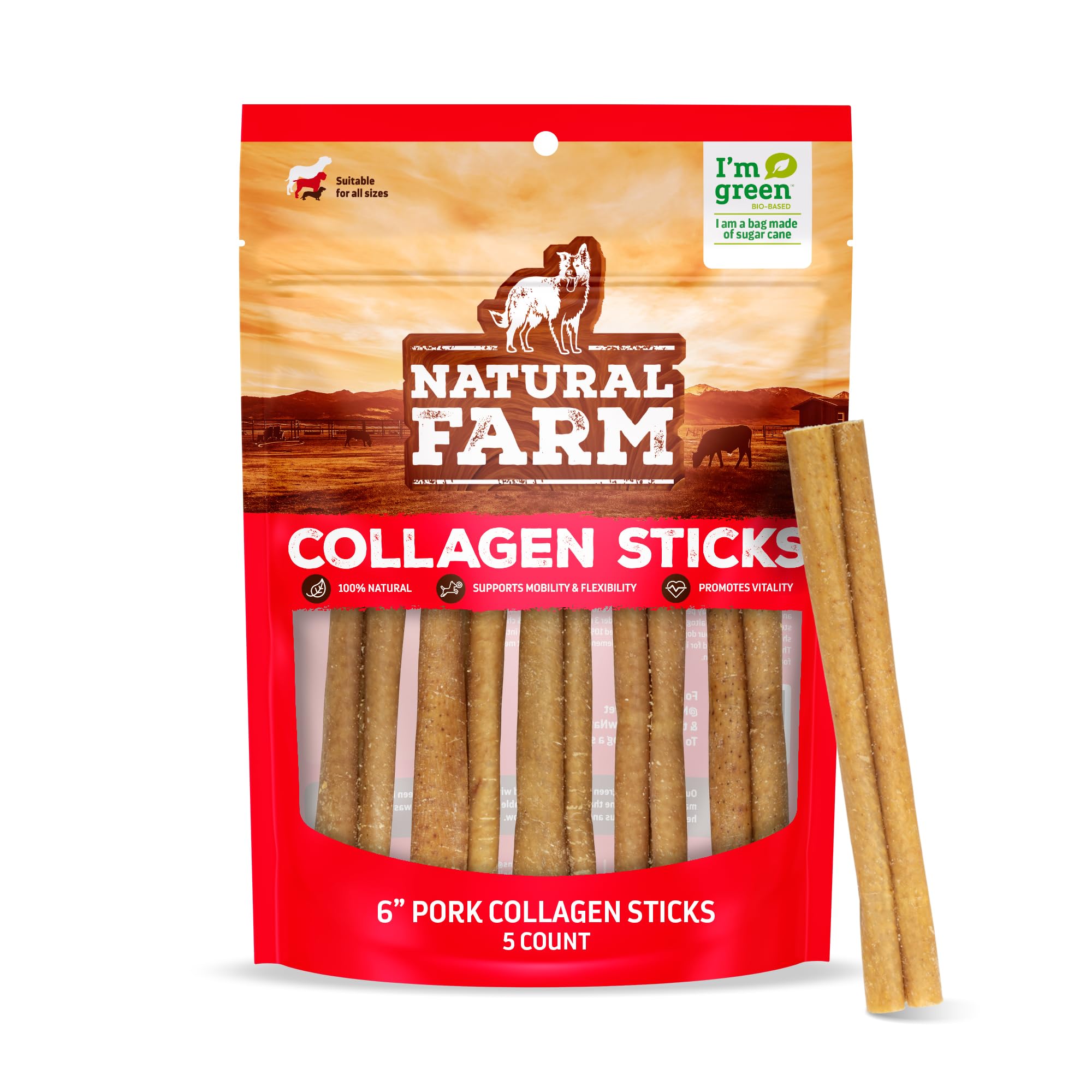 Natural Farm Pork Collagen Sticks Dog Chews, 6-Inch (5 Pack), Odor-Free Long-Lasting Chews, 100% Natural Pork Bacon Skin, Great Alternative for Bully