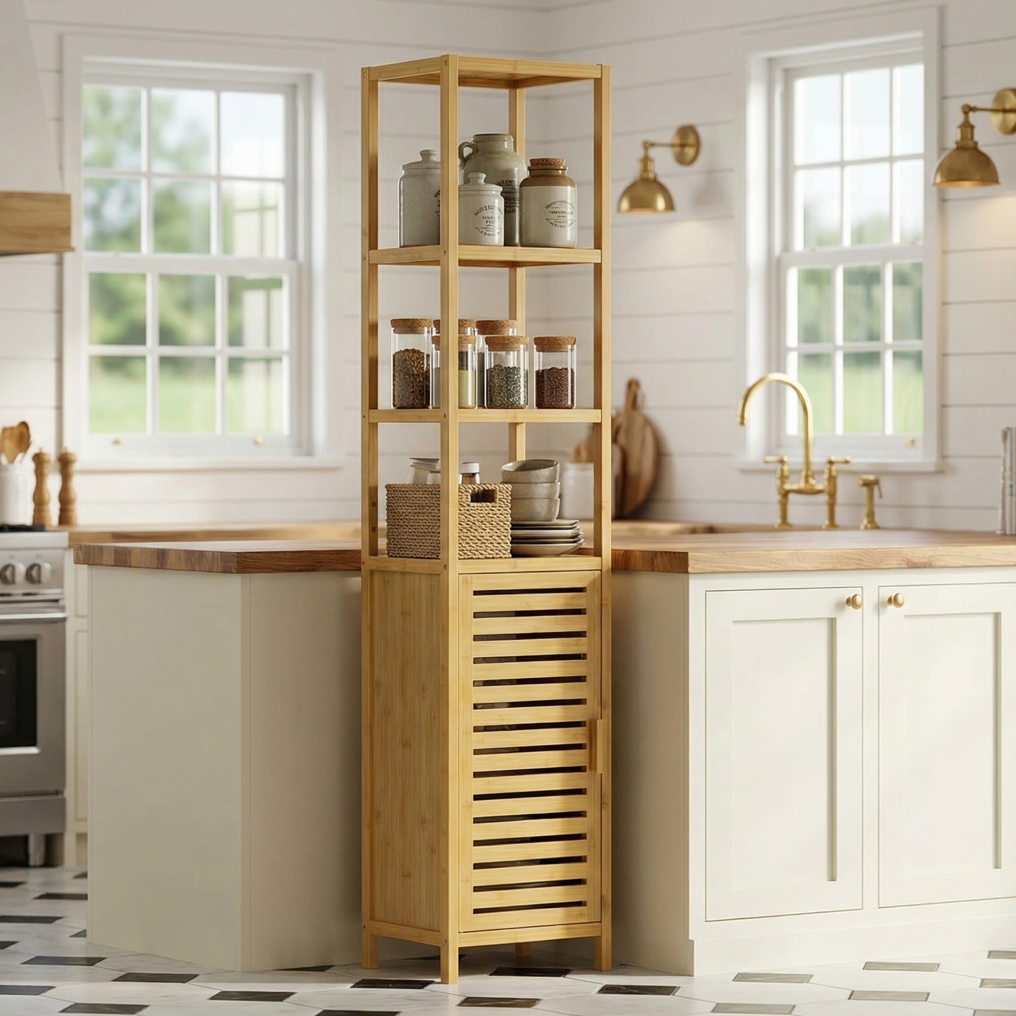 HITNET Mueble Columna Baño Estrecho, Armario Alto Baño Bambu, Gabinete de Almacenamiento con Estantes Ajustables y Compartimentos Abiertos, para Espacios Pequeños, Natural