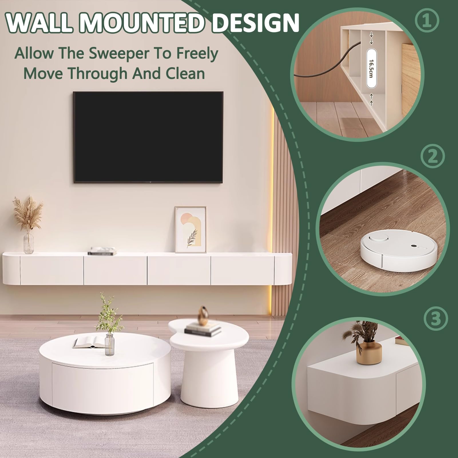 weiß TV Hängeboard Schwebend,Fernsehschrank 140cm lang,TV Lowboard mit 2 Schubladen,Keine Montage erforderlich,Moderner Fernsehtisch mit Stauraum,für Schlafzimmer und Büro