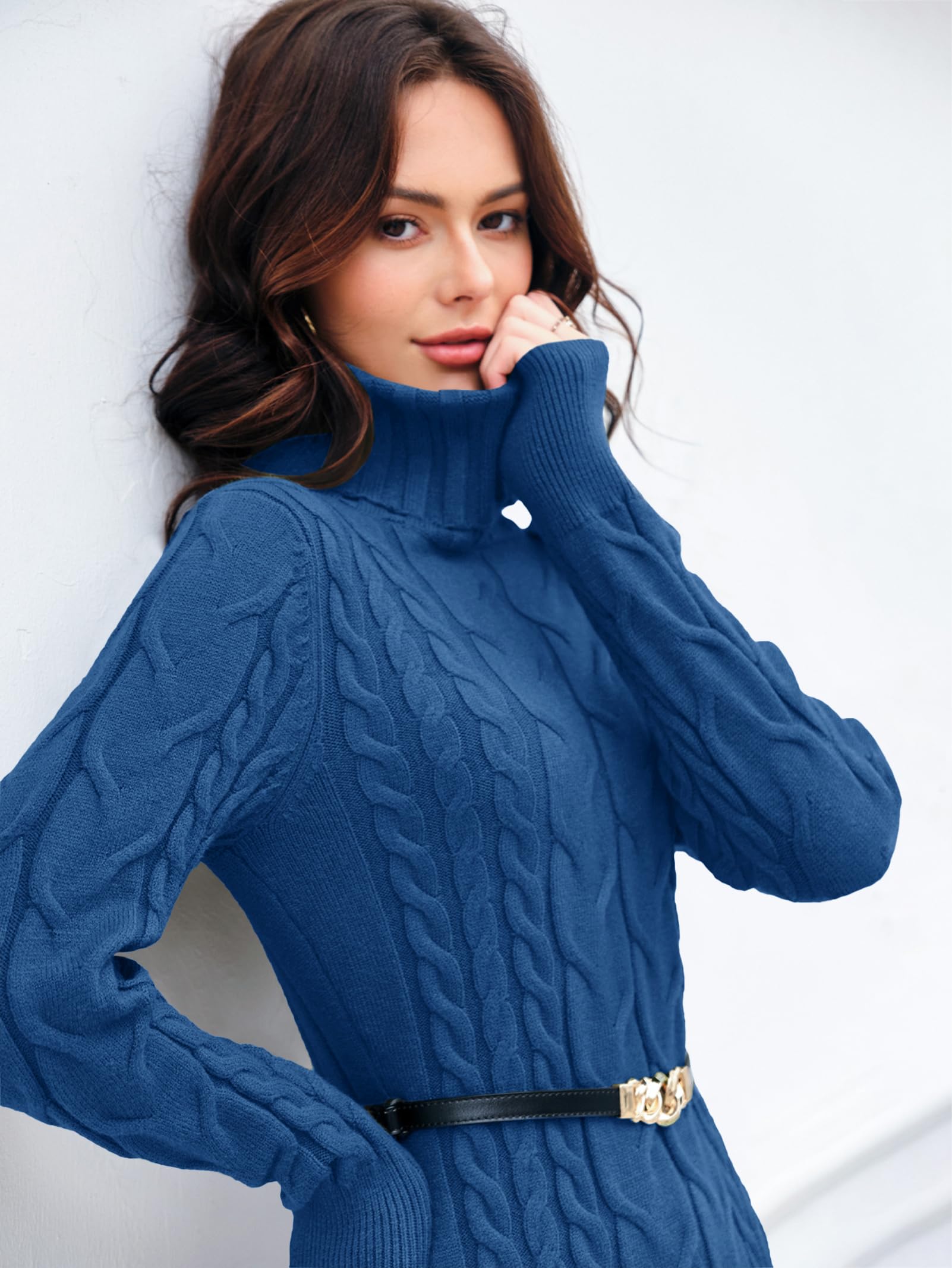 Langwyqu Womens Cable Knit Sweater Dress Sexy Long Sleeve Bodycon Turtleneck Mini Fall Sweaters Dresses: Small Navy