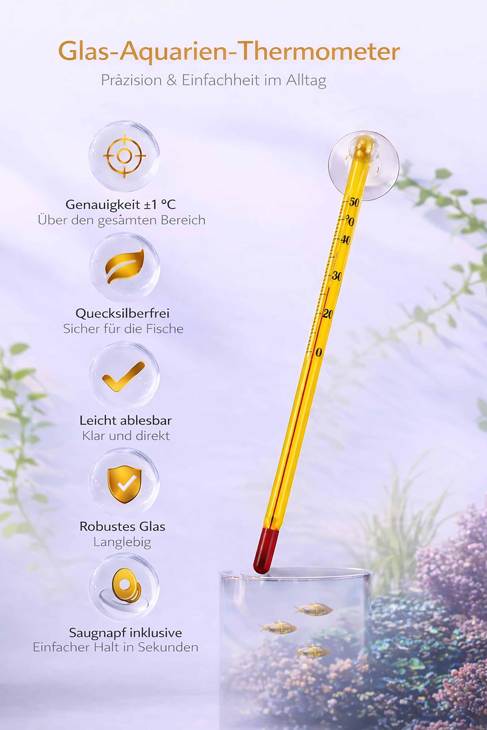 Aquarium Thermometer Analog aus Glas – Innen Thermometer mit Saugnapf – Präzise Wassertemperatur Anzeige 0–50 °C für Aquarium, Garnelen & Fische, Süß- & Meerwasser, Gut Ablesbar, Gelb