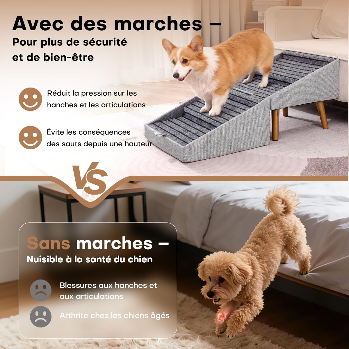 Escalier pour Chiens et Chats 2 en 1, 4 Marches Rampe et Marches pour Canapé Lit, Pente Douce Protège Articulations, Antidérapant(Gris Clair - 43,5 cm Haut)