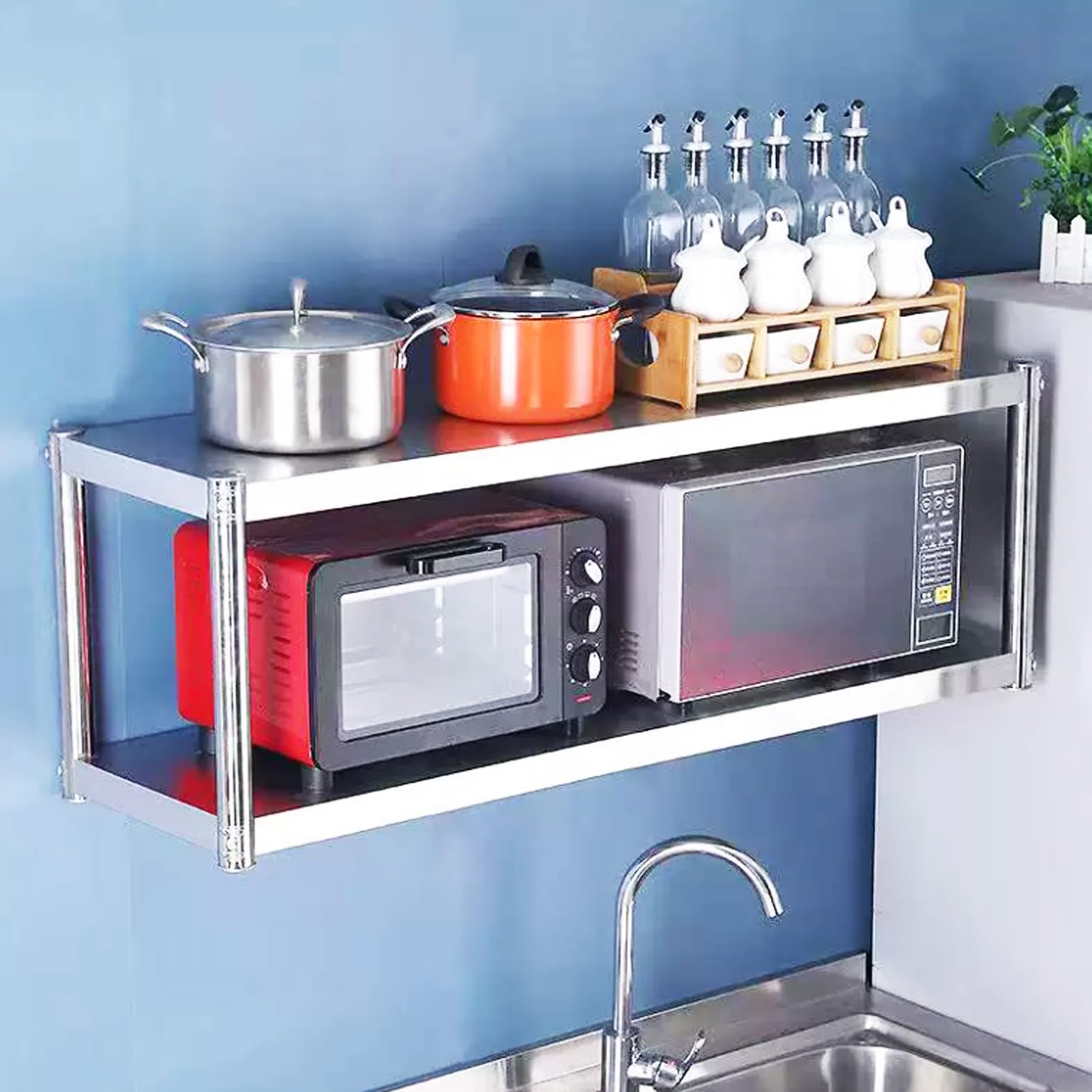 Étagère de cuisine en inox pour suspendre le micro-ondes et libérer le plan