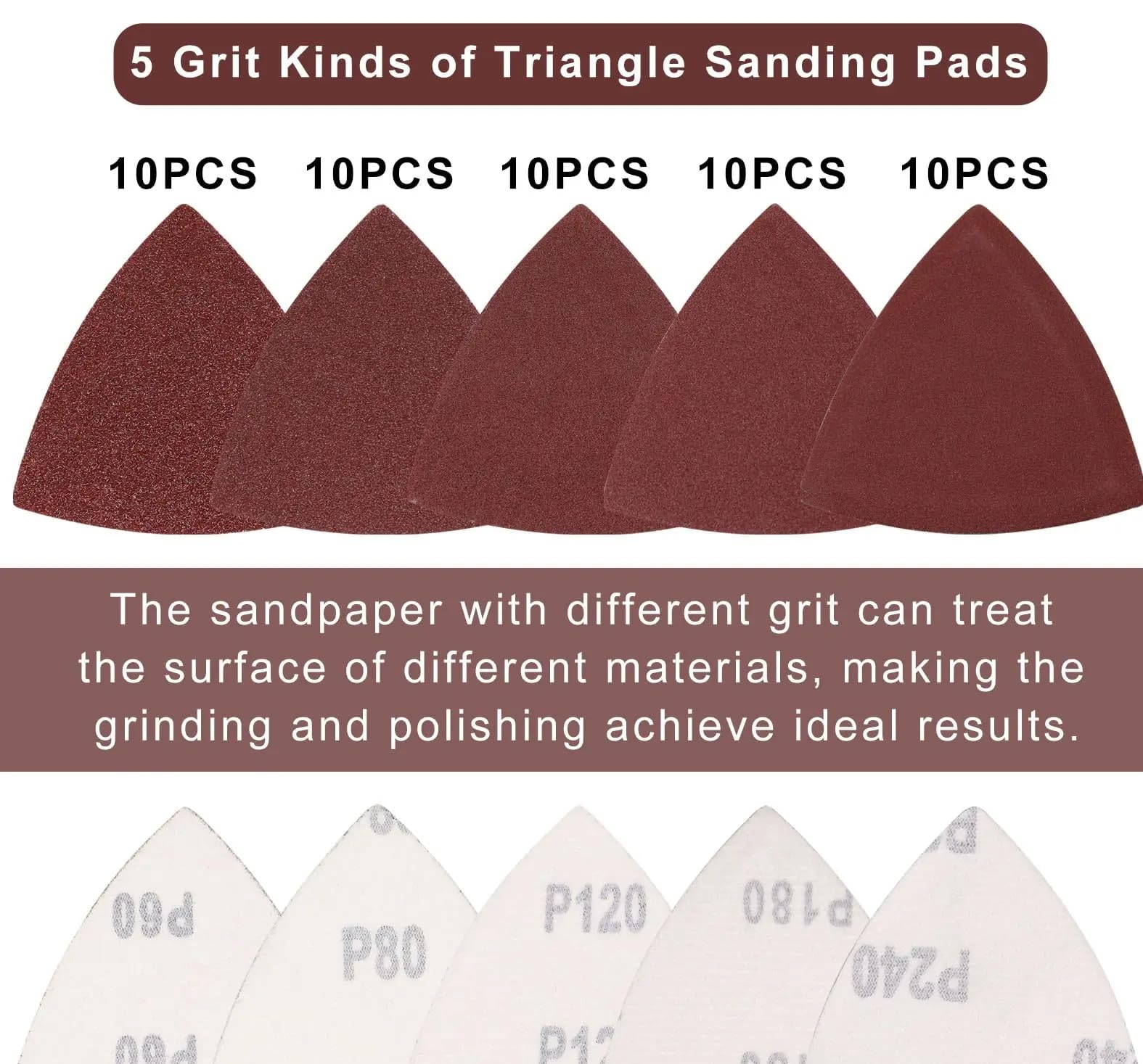 Papier ścierny Hook and Loop Triangle Sanding Pad Zestaw 52 sztuk trójkątnych papierów ściernych 80 mm, różne gradacje 60-240, uniwersalne trójkątne na rzepy, wielofunkcyjne podkładki ścierne
