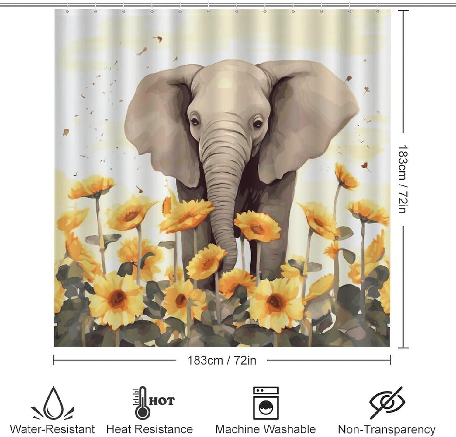 4 Piece Bathroom Rug Set with Shower Curtain, Non-Slip Bath Mat Toilet Cover Set, Elephant and Sunflower Bathroom Rug Sets