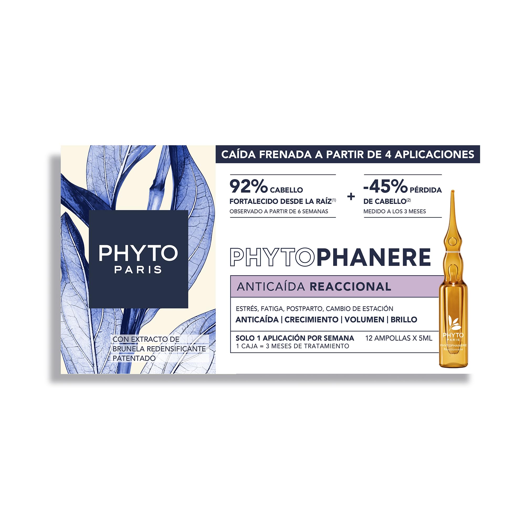 Phyto Paris - Phytophanère - Tratamiento Anticaída Reactiva 12 Ampollas x 5ml - Biotina - Zinc - Ácido Fólico - Frena la Caída por Estrés y Postparto