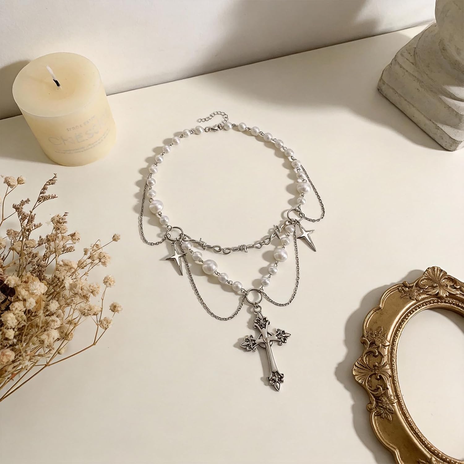 Layered Gothic Pearl Silver Cross Necklace for Men Women | Multi Strand Punk Edgy Spike Pendant | Adjustable Statement Streetwear Y2K Alt Rock Jewelry