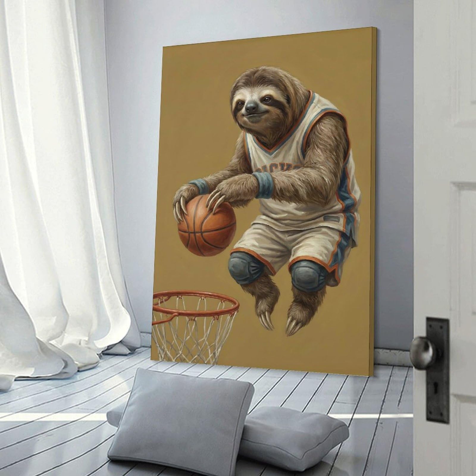 Junmoney Sloth Playing Basketball Canvas Wall Decor, 12x18inch(30x45cm), for Apartment Walls, Studios Or Work Areas, Decorative Canvas Decor for Home Updates