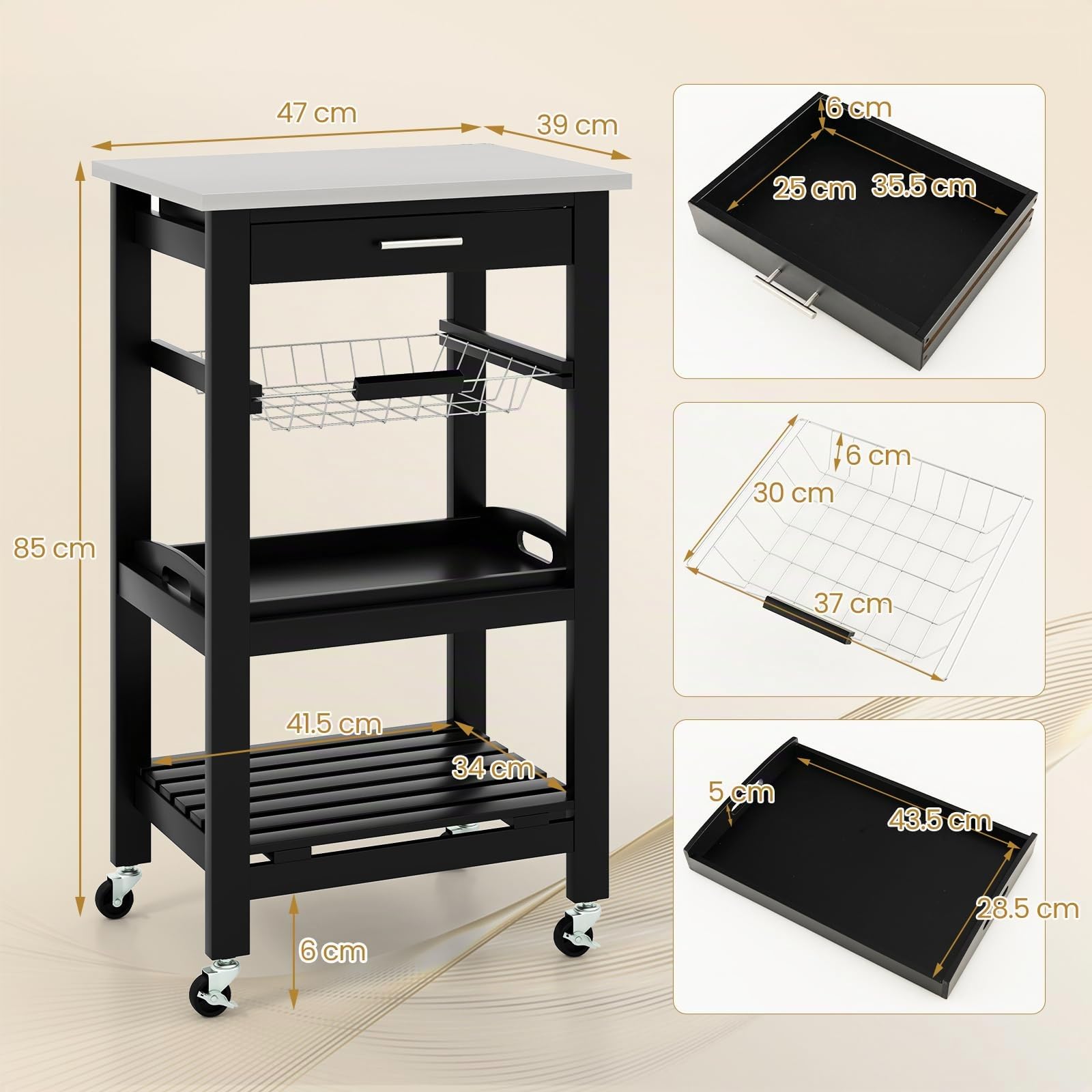 KOMFOTTEU Carro de Servicio de 4 Niveles, Carro Auxiliar con Encimera de Acero Inoxidable, Carrito de Cocina con Cajón, Cesta de Alambre de Malla, Carro de Bar para Cocina Comedor (Negro)
