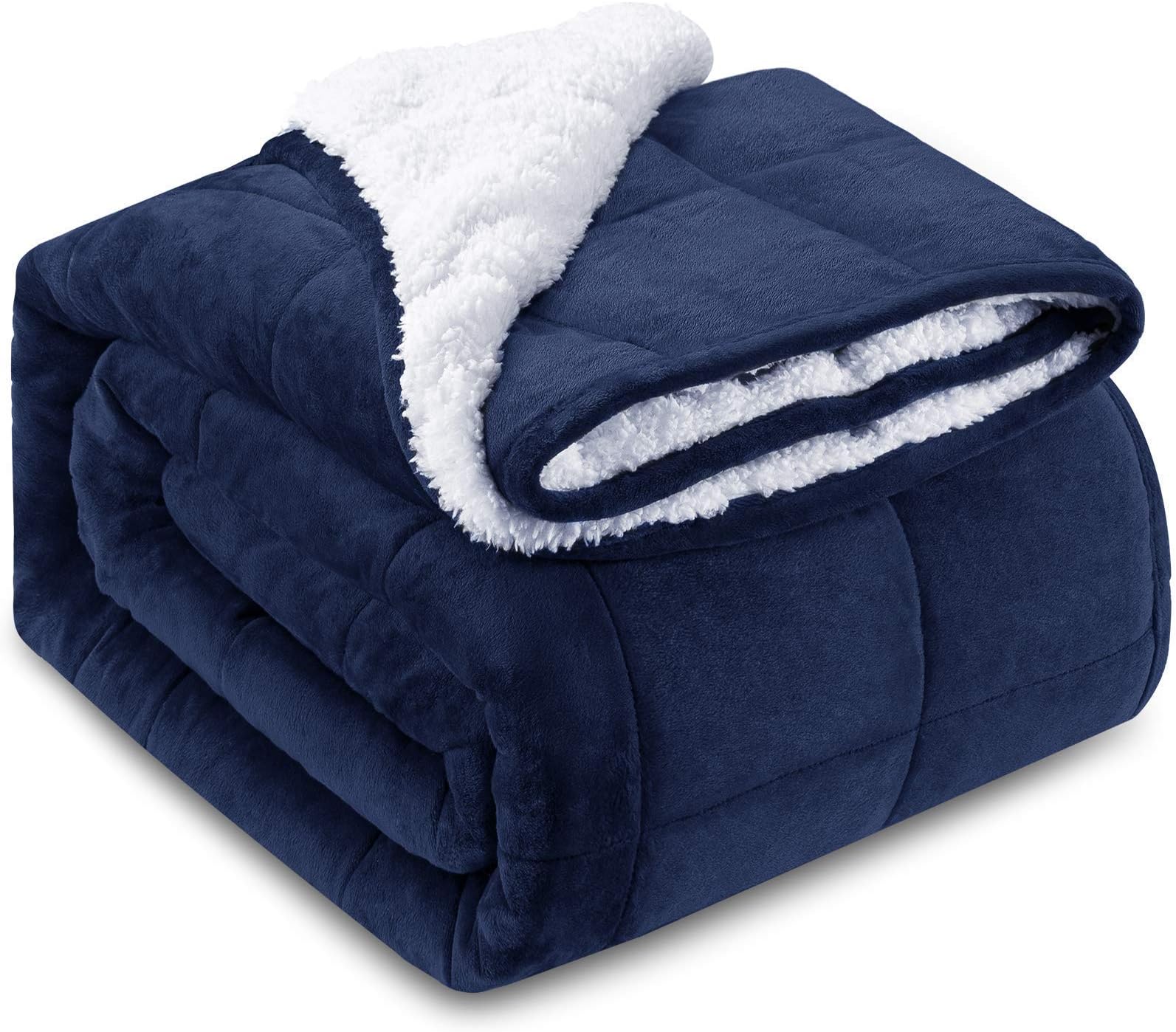 HBselect Sherpa Fleece Weighted Blanket Throw for Stress Anxiety Relief and Better Sleep, Fuzzy Soft Microfiber Heavy Blanket for Adults-60*80" 20lbs Dark Blue/White Weighted Blanket