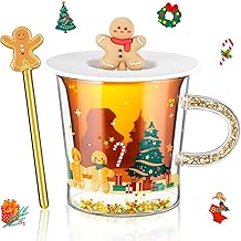 Ecooe Cute Gingerbread Man Christmas Mug Double Wall Coffee Glasses 260ml Christmas Gifts Christmas Mugs Glass with Lid and Spoon for Milk Latte Macchiato