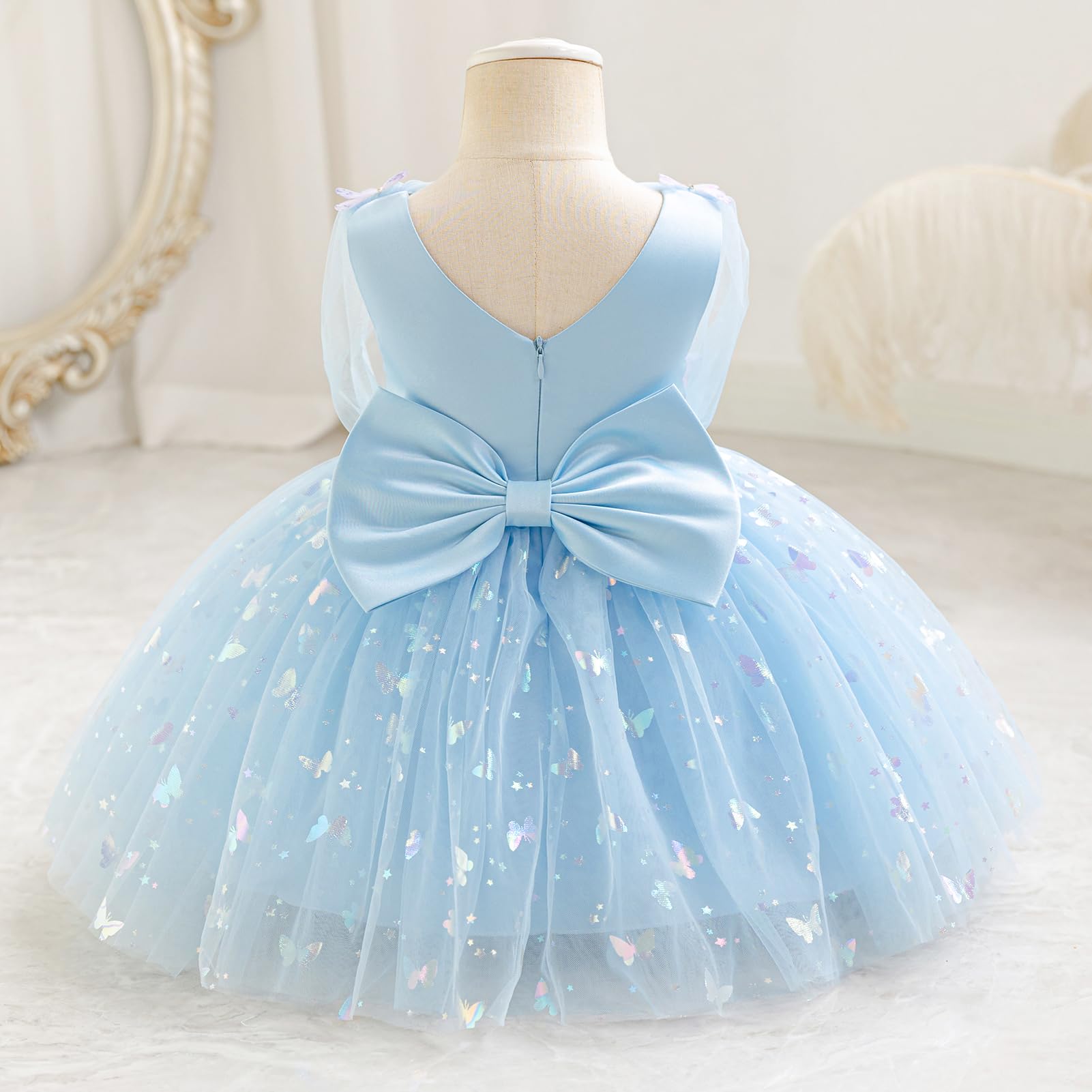IDOPIP Bambino Ragazza senza Maniche V - Collo Tulle Tutu Abito Principessa Fiore Ragazza Abito Bow Elegante Compleanno Festeggiamento Formale Partito Prom Dress