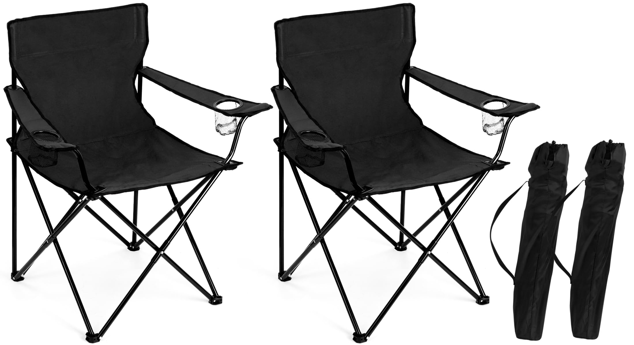 Leonyo 2Pcs Folding Camping Chairs, Outdoor PortableLawn Chairs for Adults with Cup Holders, Carrying Bag for Outside Beach, Sports, Hiking, Black