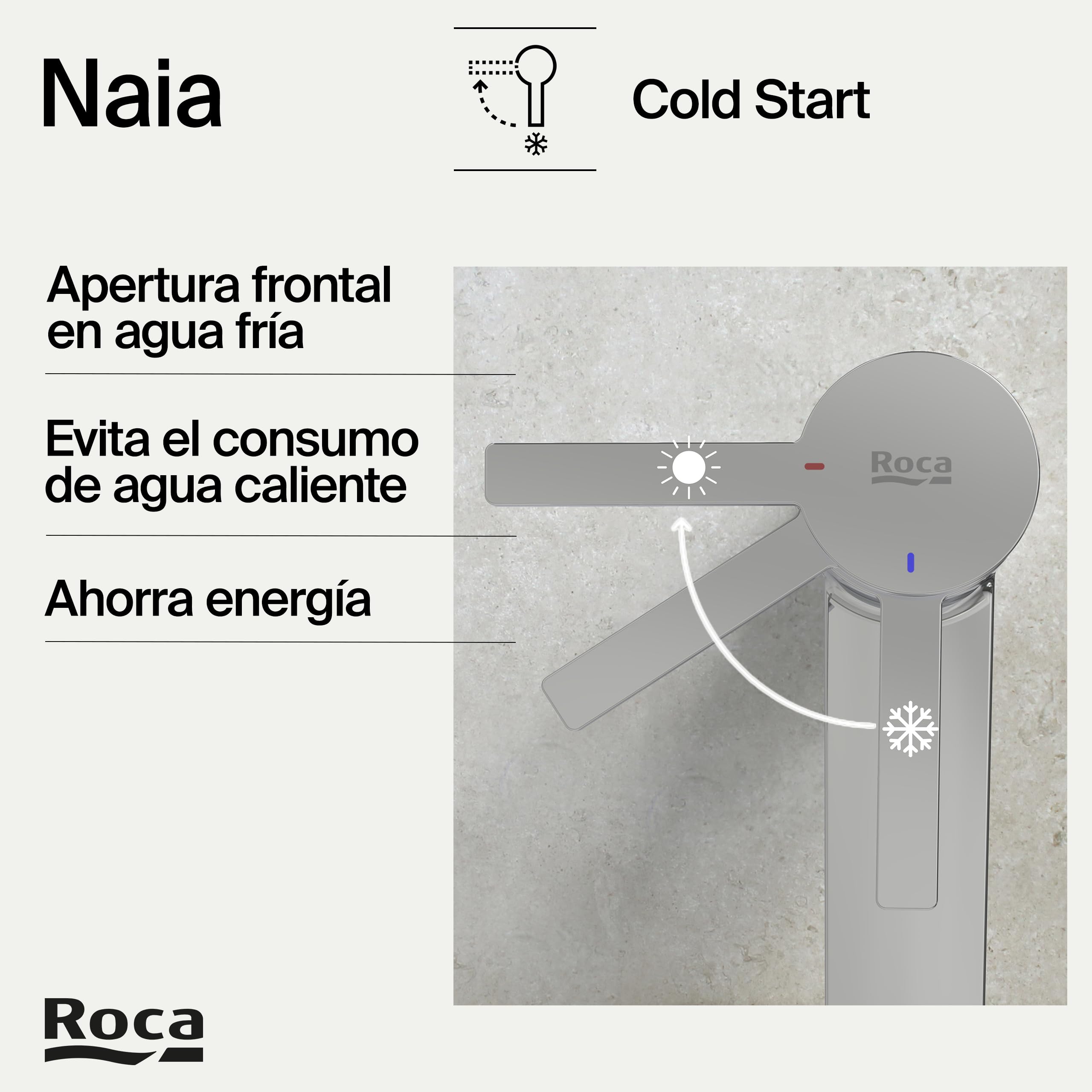 Roca Naia Grifería de lavabo con tecnología ColdStart, grifo monomando con enlaces de alimentación flexibles, mezclador de cuarto de baño con desagüe click-clack, fácil instalación, cromado A5A3296C00
