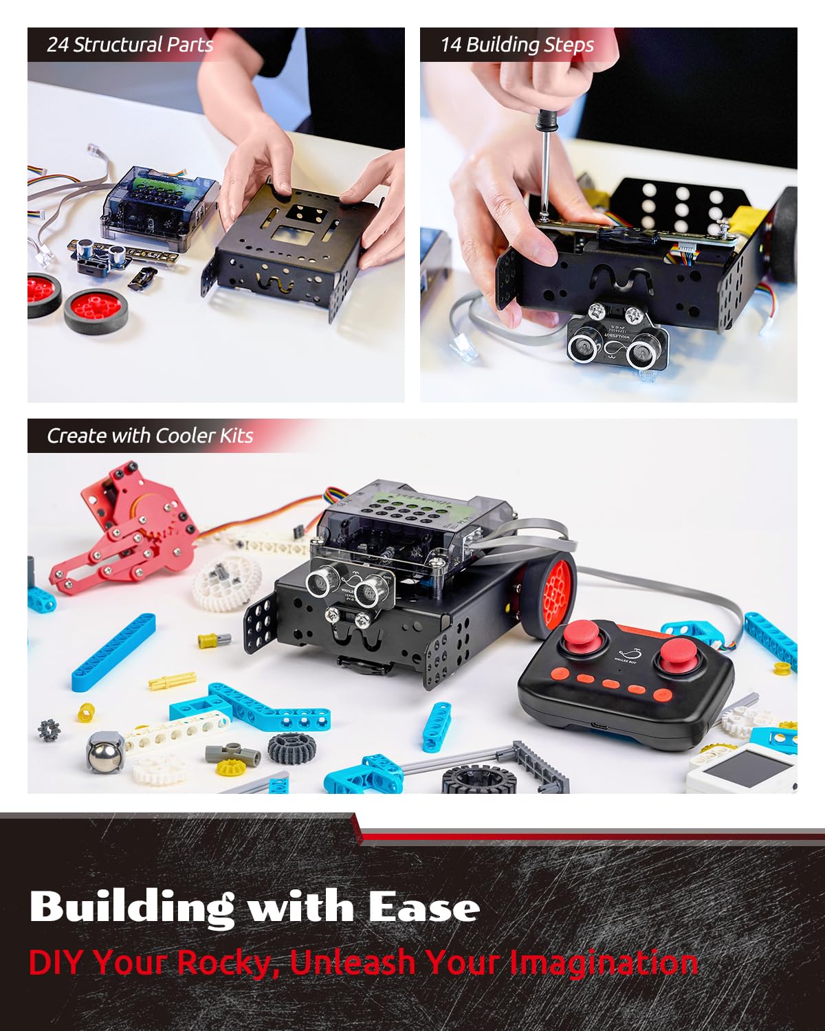 WhalesBot Rocky Coding & Remote Control Robot Kit for Kids 8-16, Modular/Scratch/Python/C Programming, Educational Engineering Science Toy Set with Multiple Sensors and Smart Controller