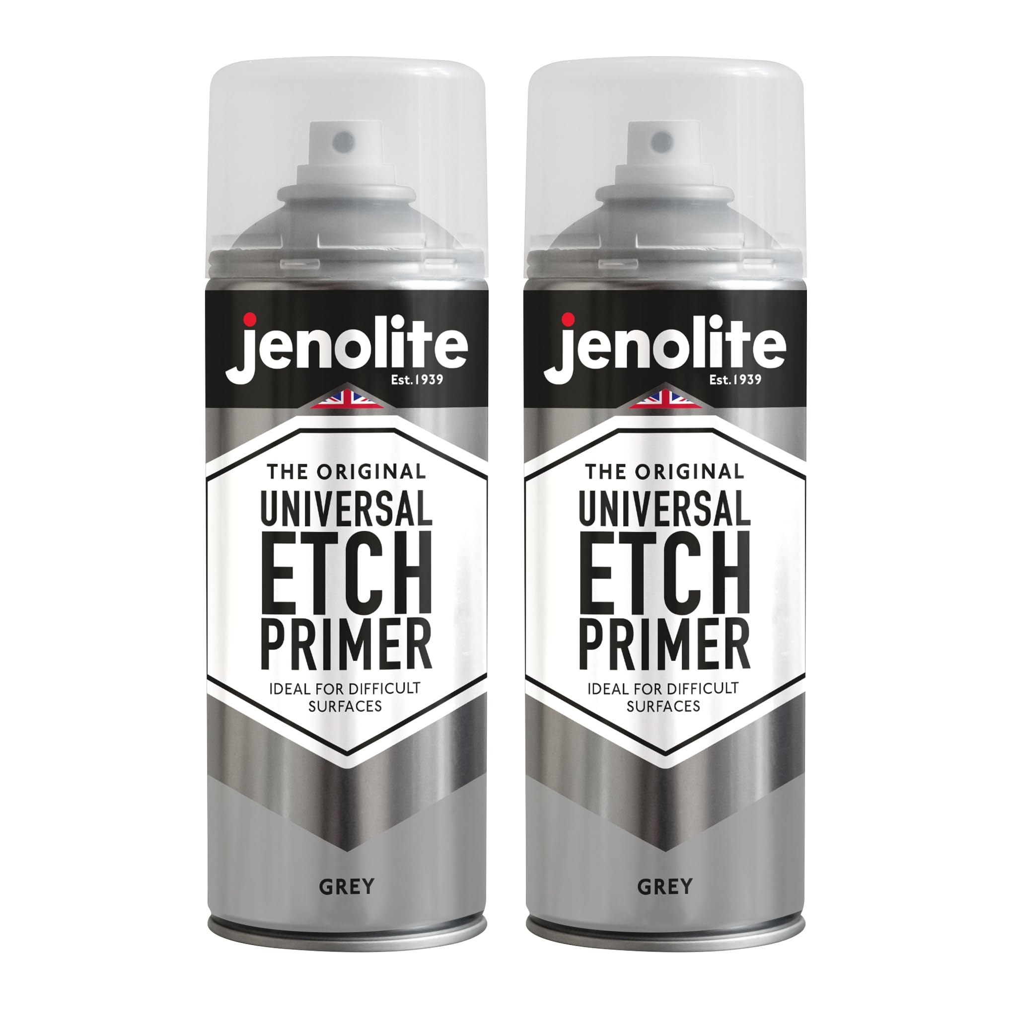 Jenolite Grey Universal Etch Primer Spray Paint | | High Performance Acid Etch Primer For Difficult Surfaces Including Aluminium, Galvanised Steel, Stainless Steel & Most Metal Surfaces | 2 X 400Ml