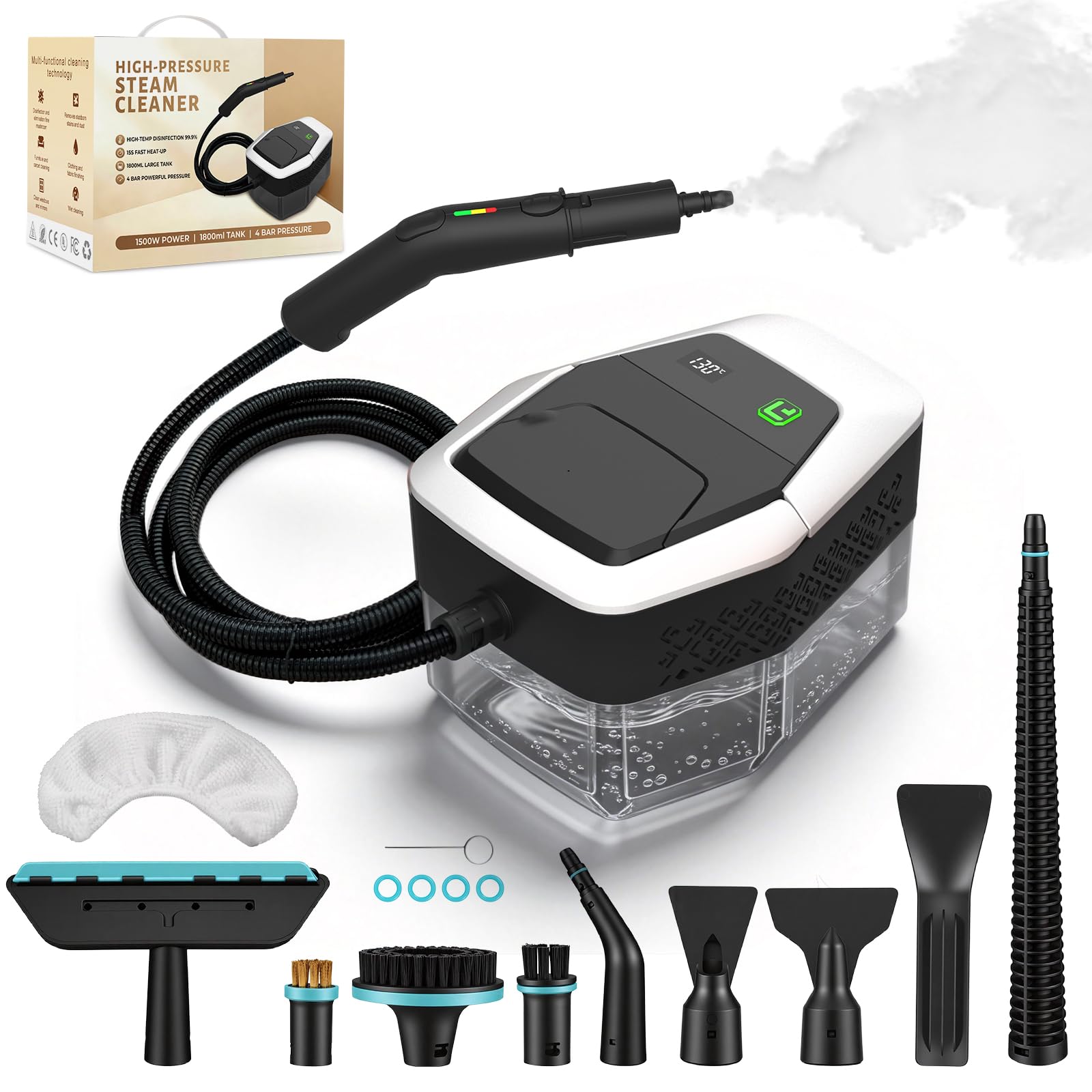 Pulitore a vapore casa portatile, 1500 W, a bassa pressione, riscaldamento rapido in 15s, serbatoio dell'acqua da 1,8 l, con 12 accessori per la pulizia di auto, bianco (Premere 3s per avviare)