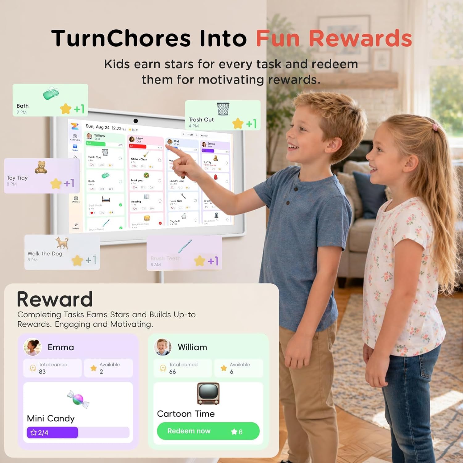 10.1" Digital Calendar with Speech recognition – Interactive Touchscreen Electronic Family Planner for Schedule, Meals, Chores & Photo Display, Wall or Desk Mount (White)