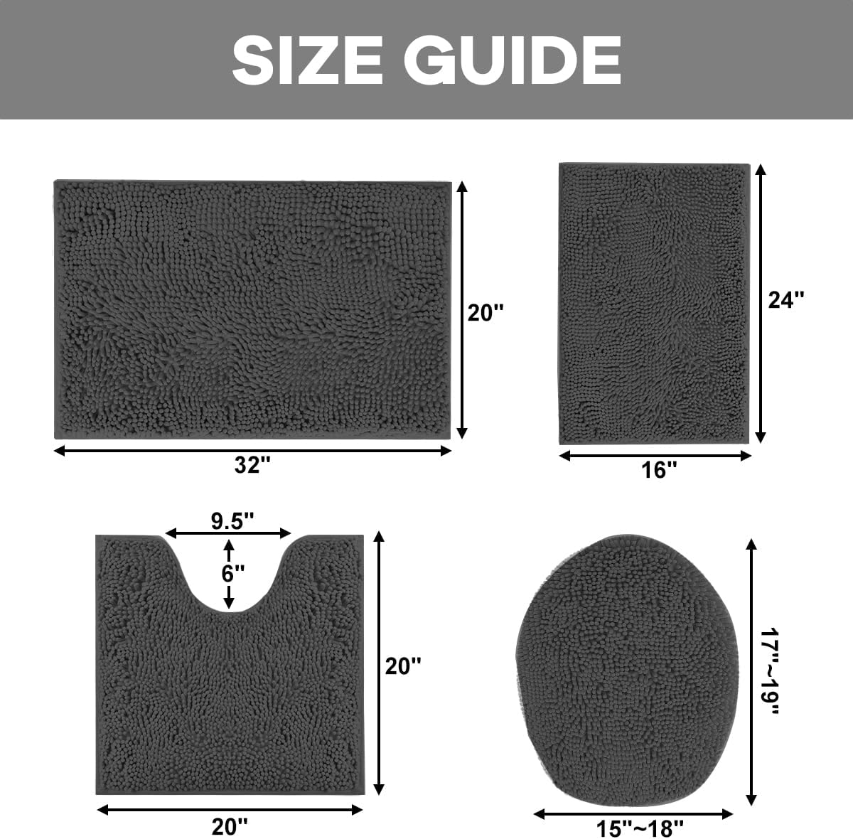Grey Bathroom Rugs Sets 4 Piece with Toilet Lid Cover, Non Slip Bathroom Mats Extra Soft Chenille Bath Rug Absorbent Shaggy Rugs Perfect Plush Mats U-Shaped Toilet Rug and Toilet Cover Toilet