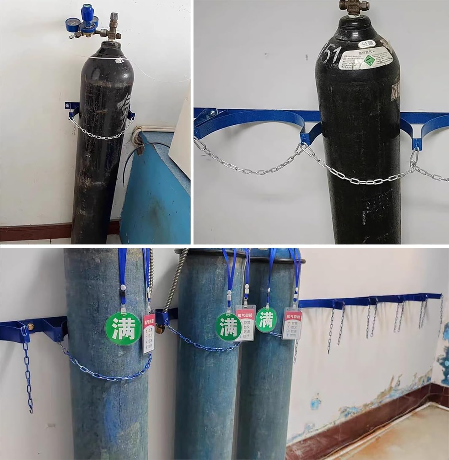 Soporte de Pared para bombonas de oxígeno - Soporte Resistente para Tanques de Gas con Cadenas de Seguridad para bombonas de O2, nitrógeno y acetileno - Perforado previamente para una fácil