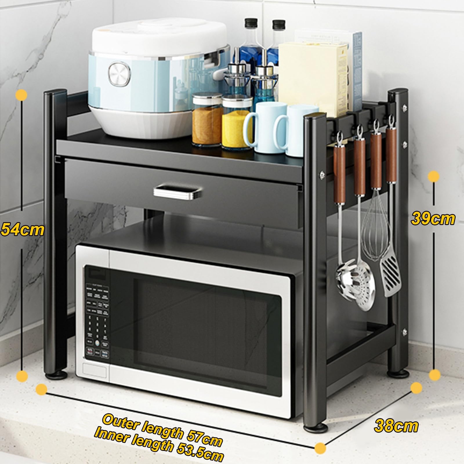 Generico Supporto Per Forno a Microonde da Banco con Cassetto e Gancio, Mensola Microonde, Ripiano Portaoggetti da Cucina In Metallo, Organizer per Ufficio, Salvaspazio, Nero