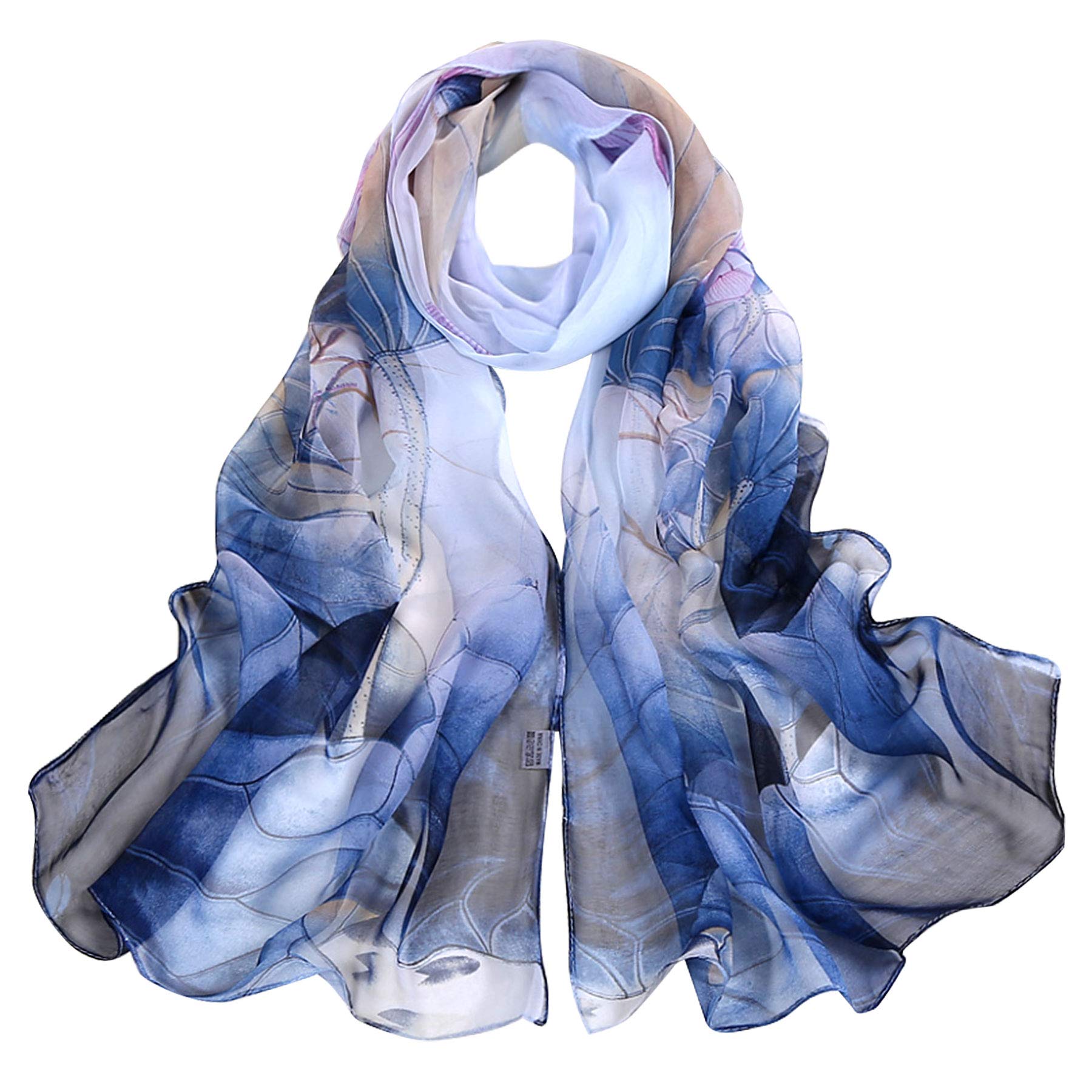 Blurbe Women's Blue-Gradient Chiffon Scarf - Scarves Lightweight Floral Print Chiffon Scarfs Shawls And Wraps For Spring Autumn